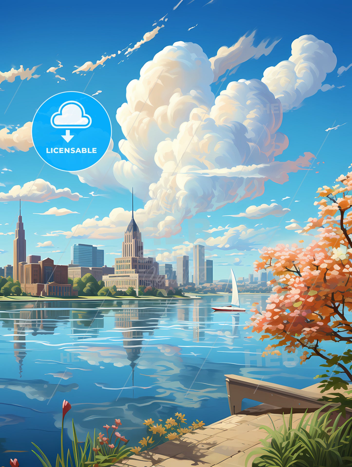 A Cityscape With A Lake And Trees