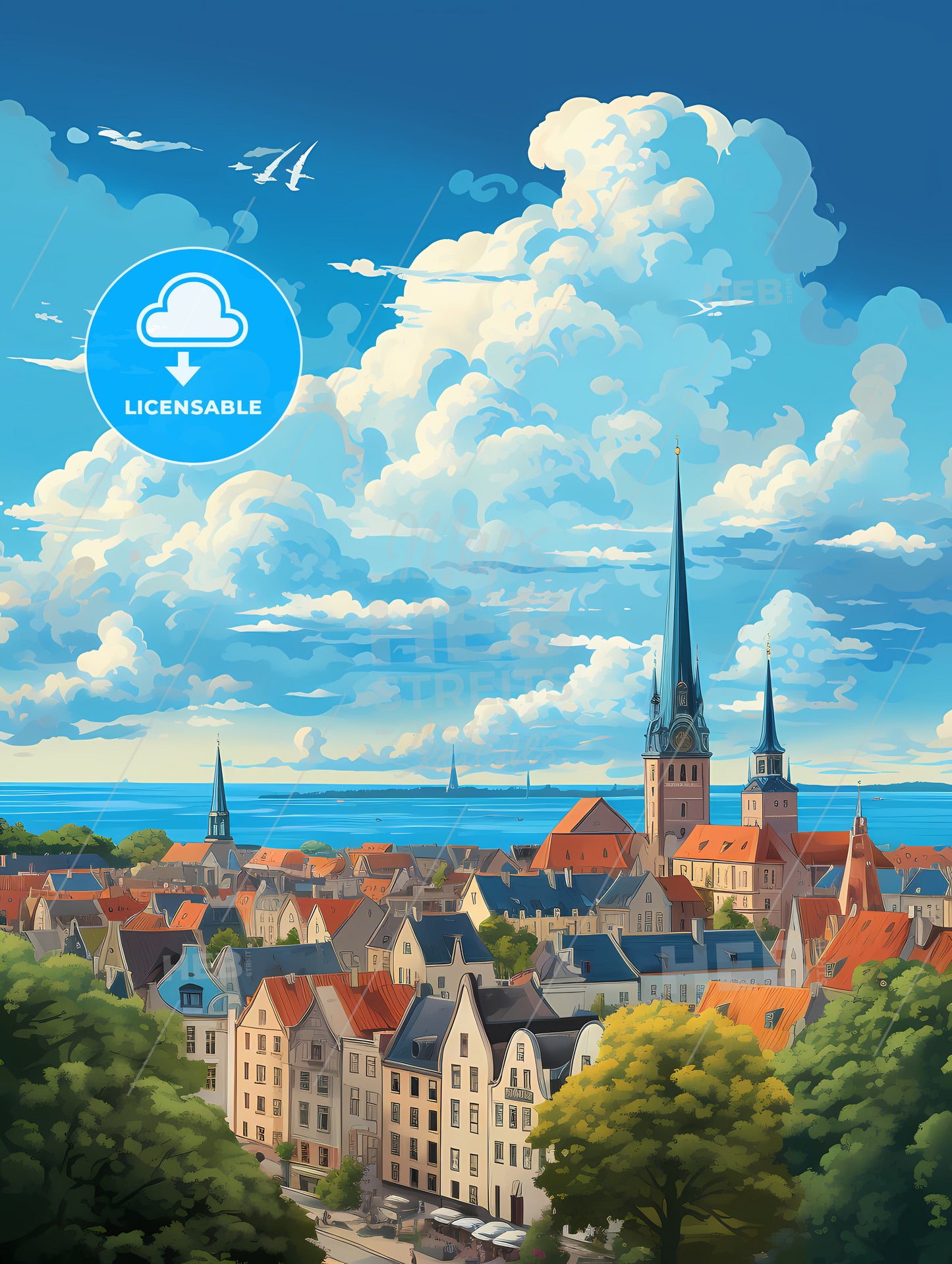 A City With A Tall Spire And A Body Of Water