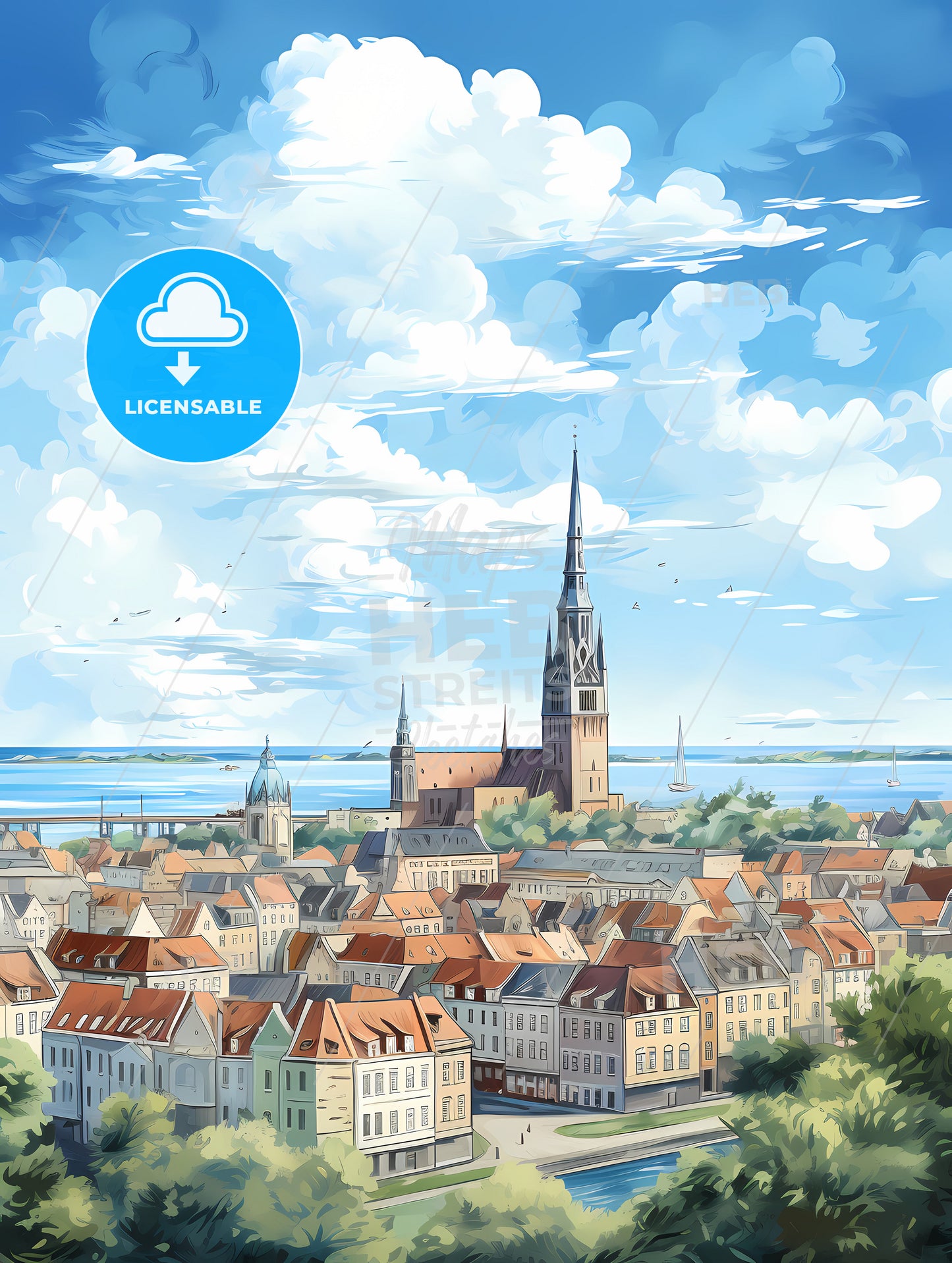 A City With A Tall Tower And A Body Of Water