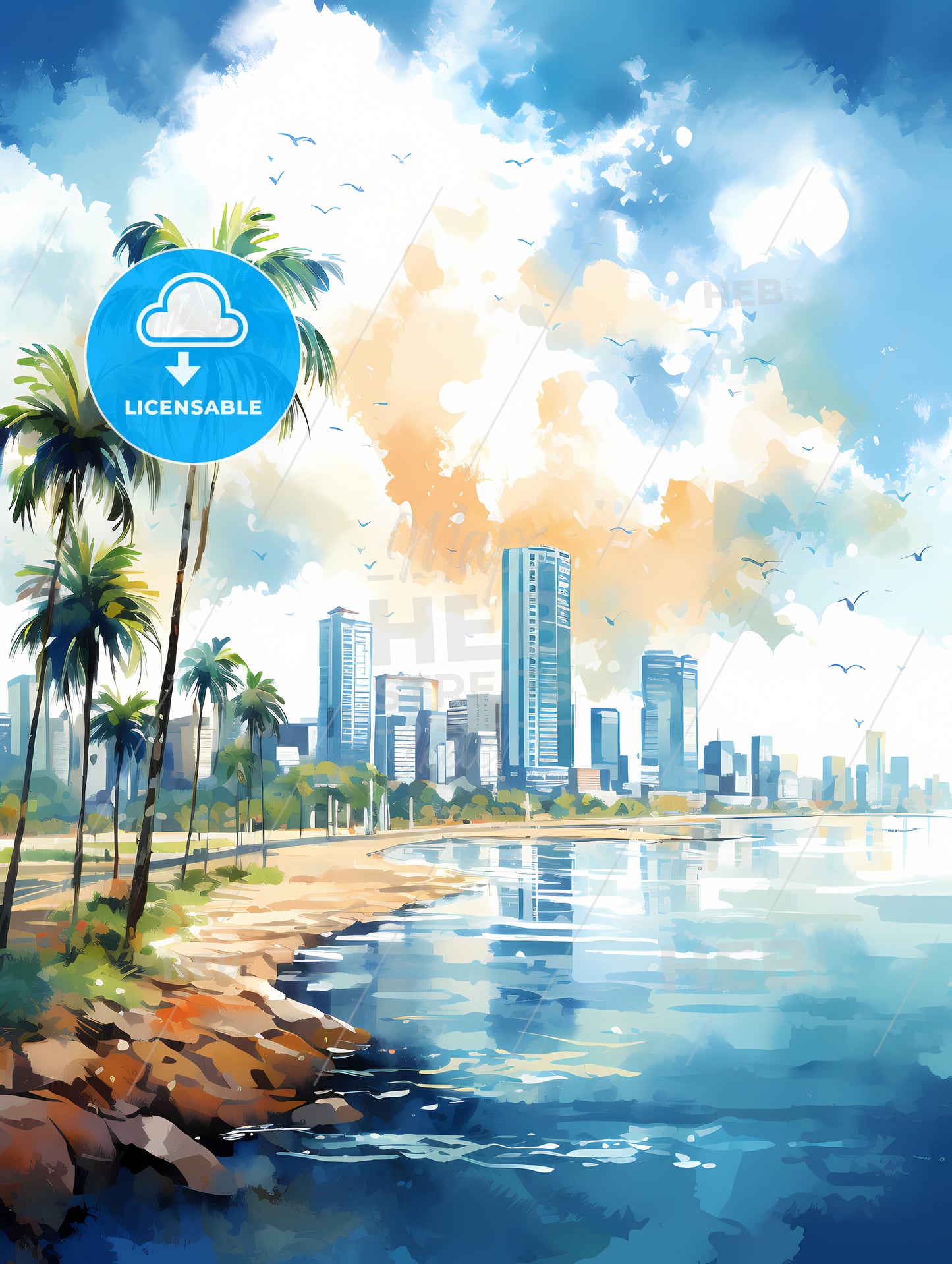 A Watercolor Painting Of A Beach With Palm Trees And Buildings