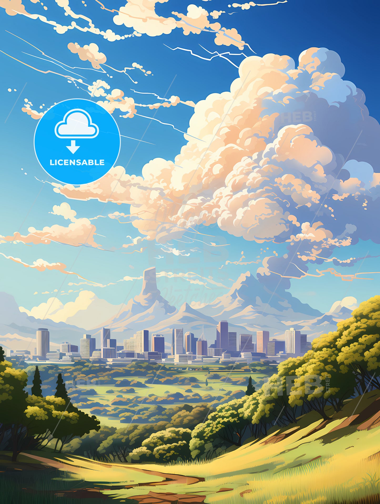 A Landscape With A City And Mountains