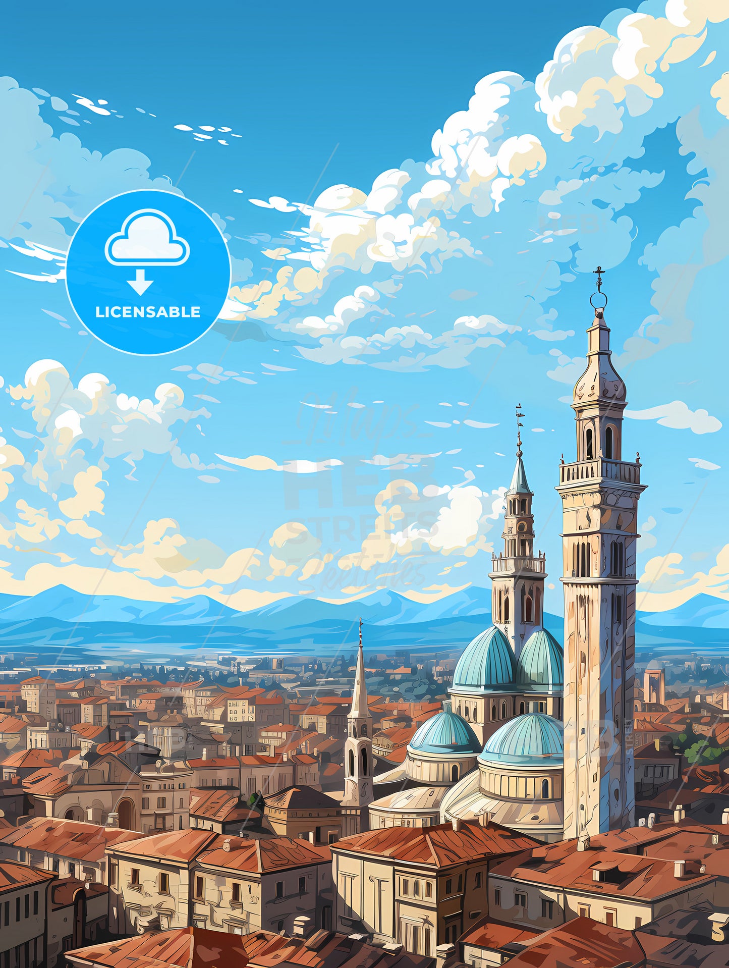 A Large Building With Towers And A Steeple