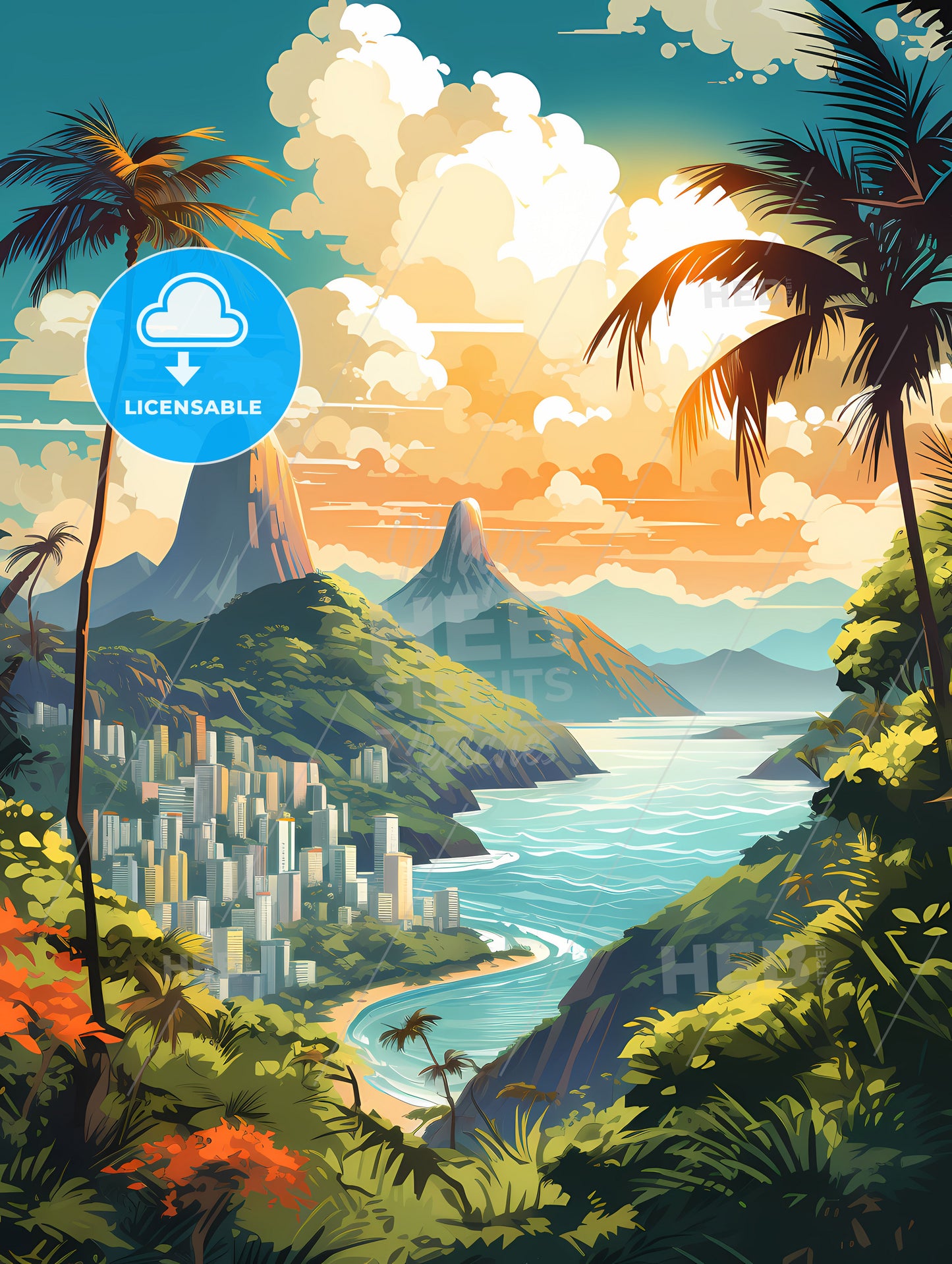 A Landscape Of A Tropical Beach With Palm Trees And Buildings