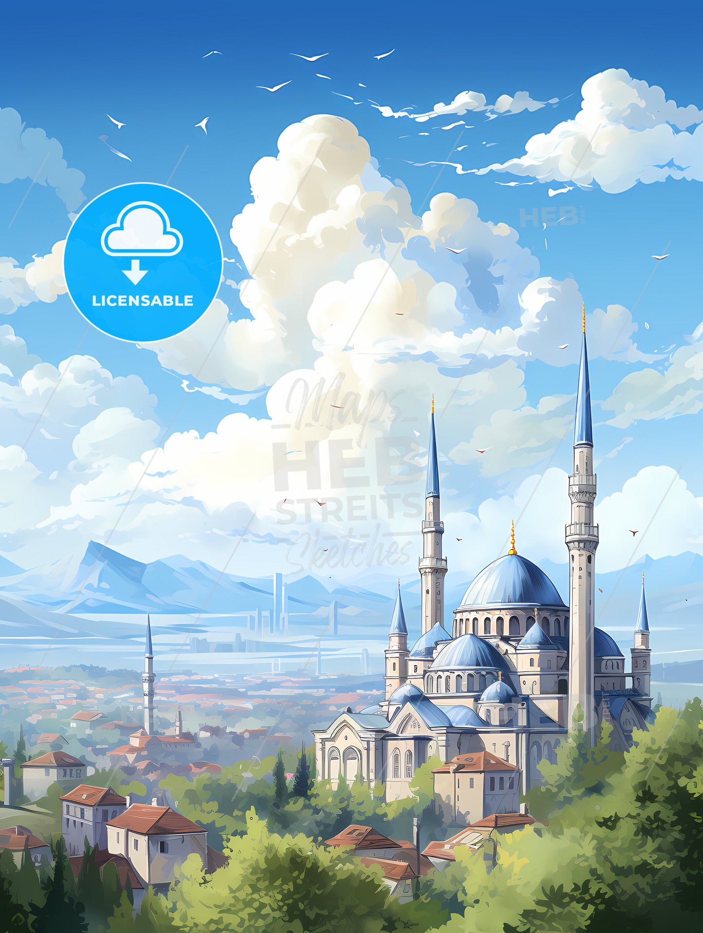 A Building With Towers And A City In The Background