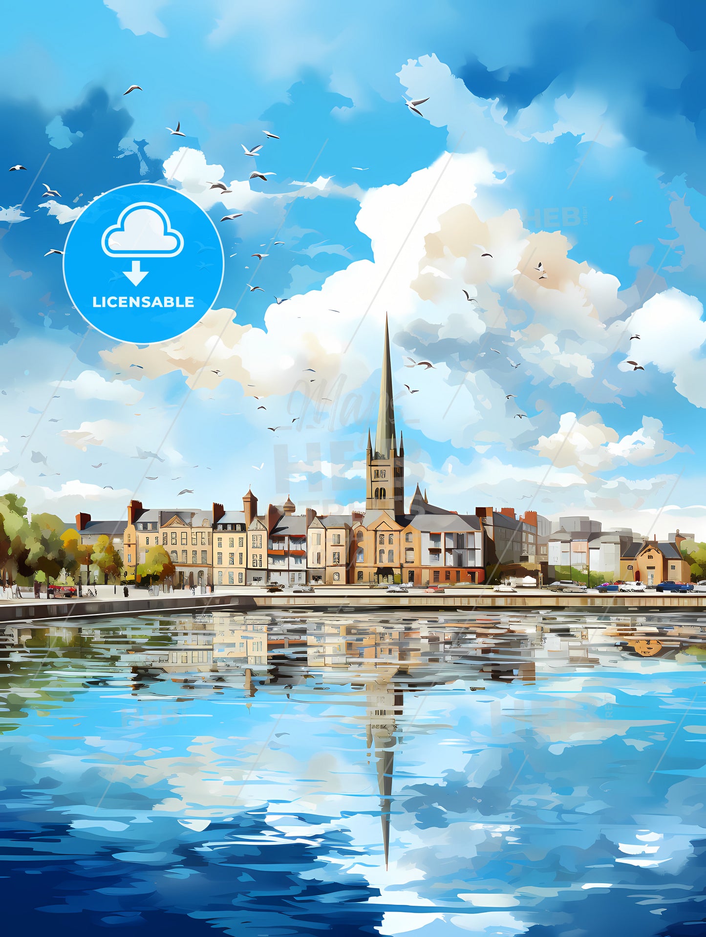 A Water Body With A Body Of Water And A Building With A Tower