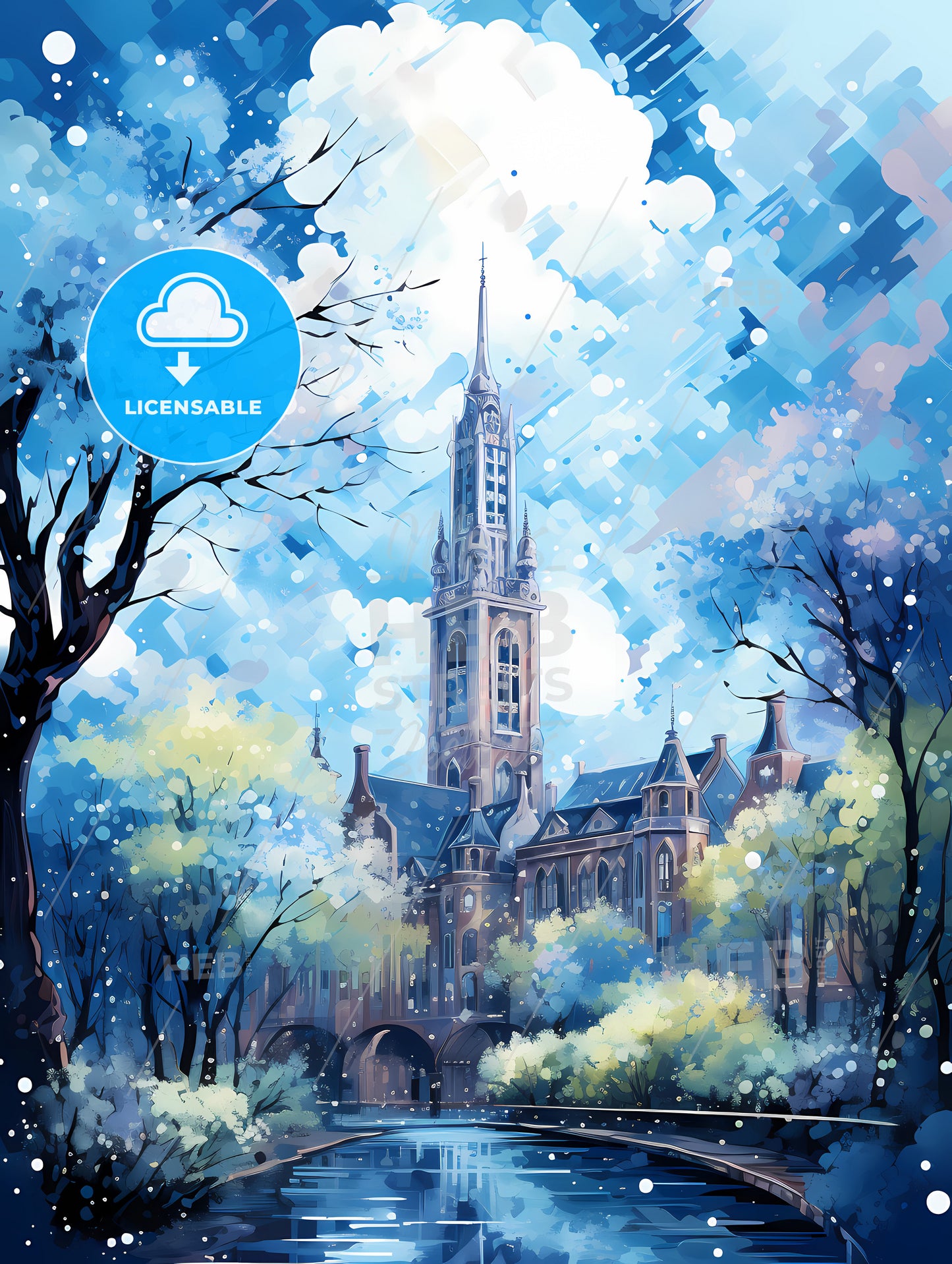 A Painting Of A Building With Trees And A Tower