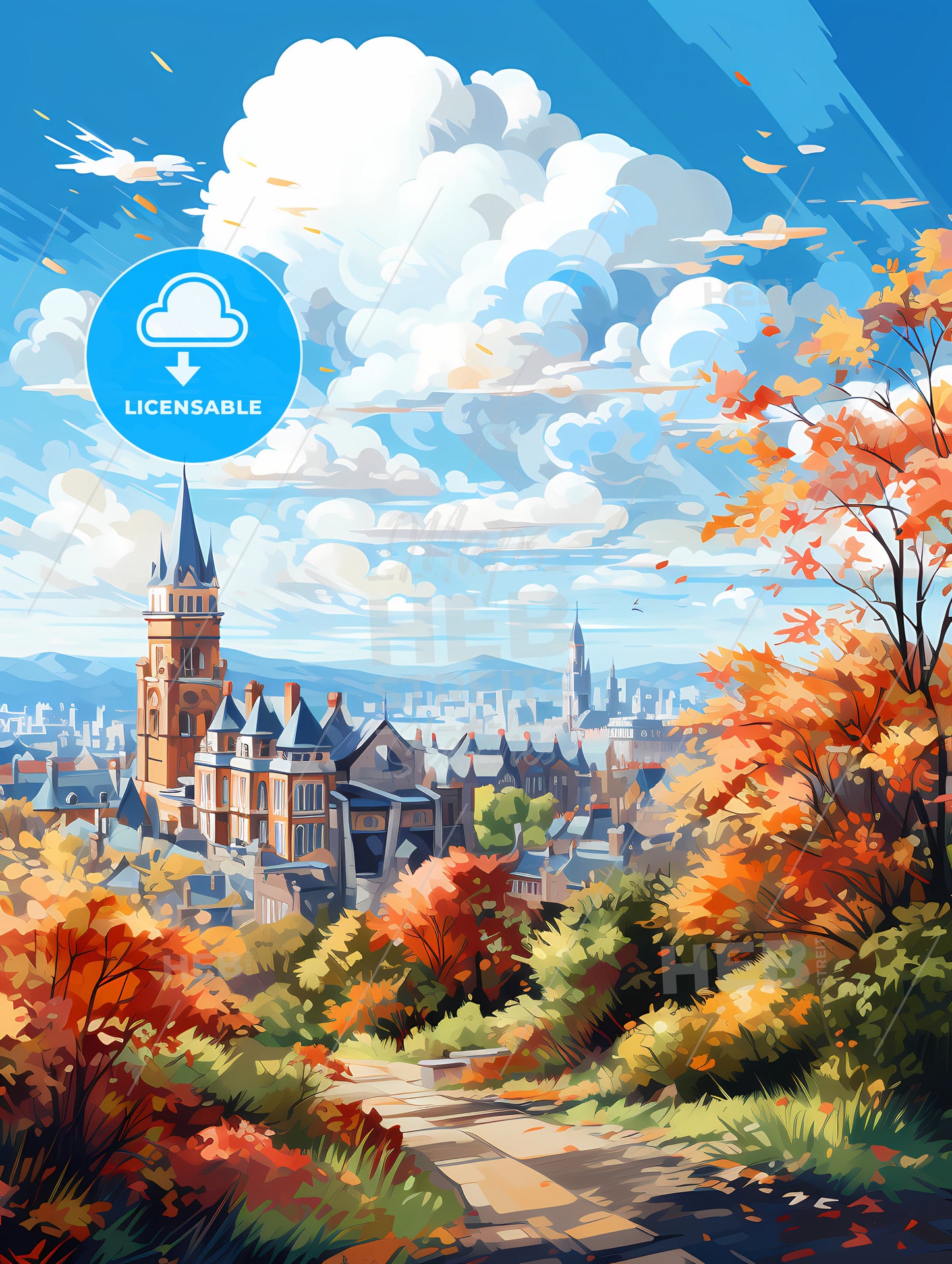 A Painting Of A City With Trees And Blue Sky