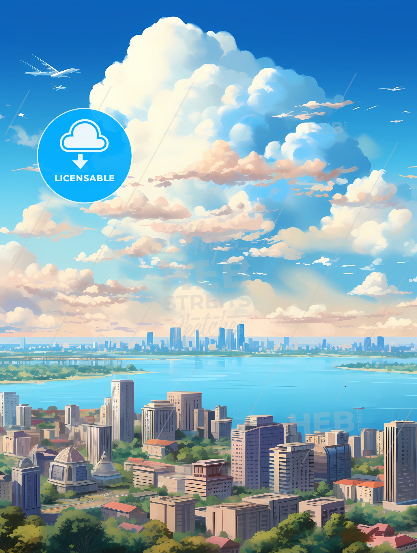 A Cityscape With Water And Clouds