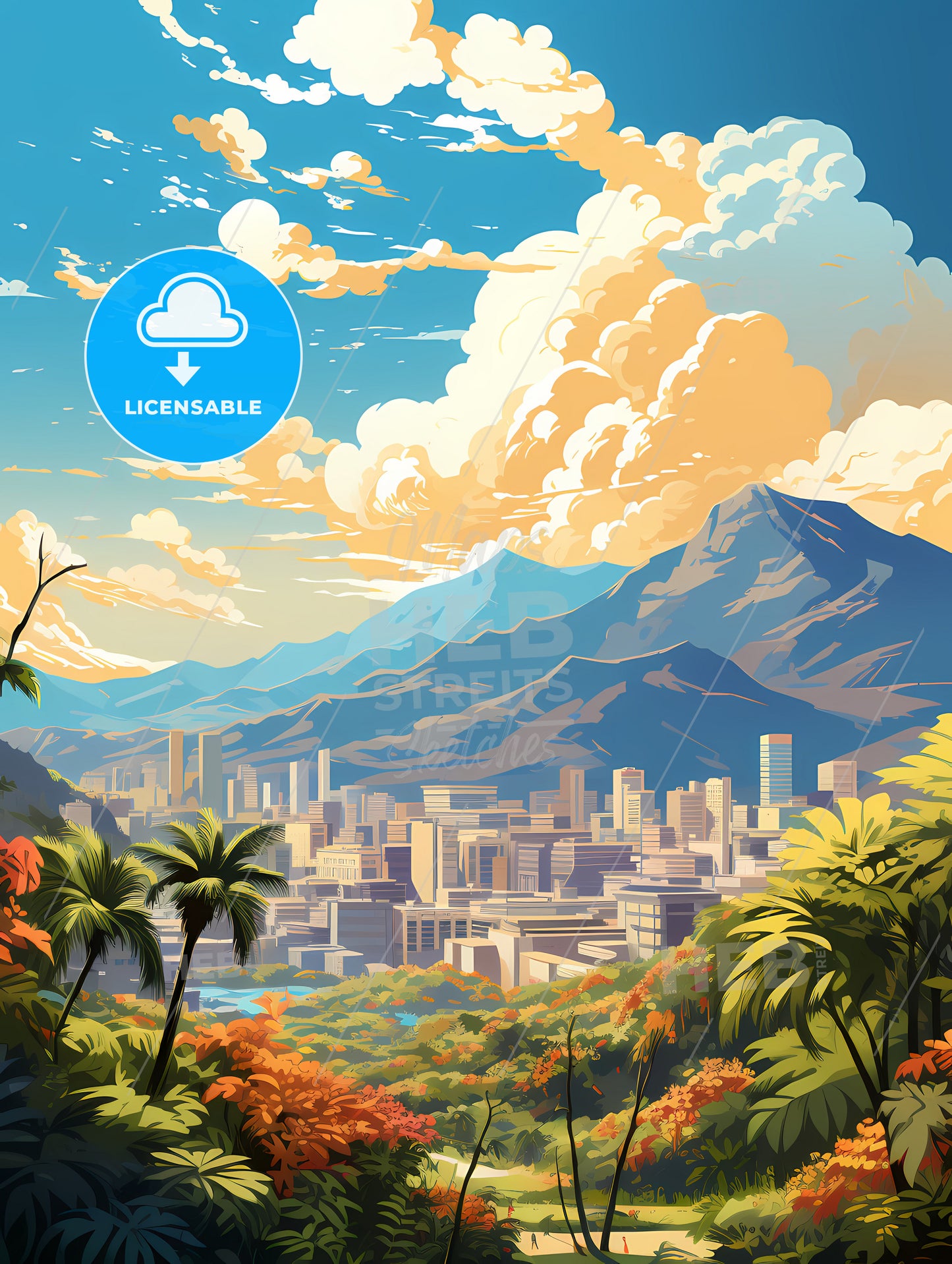 A Landscape Of A City With Trees And Mountains