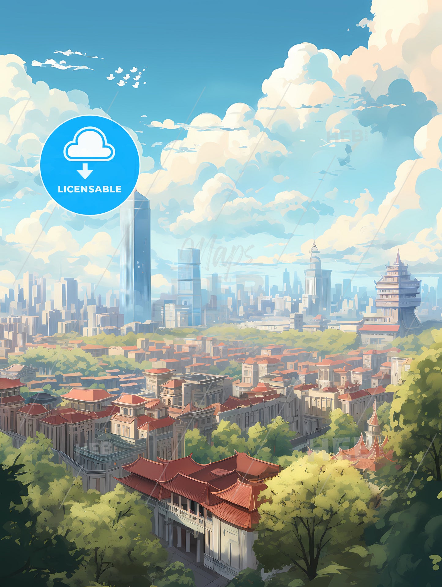 A City With Many Buildings And Trees