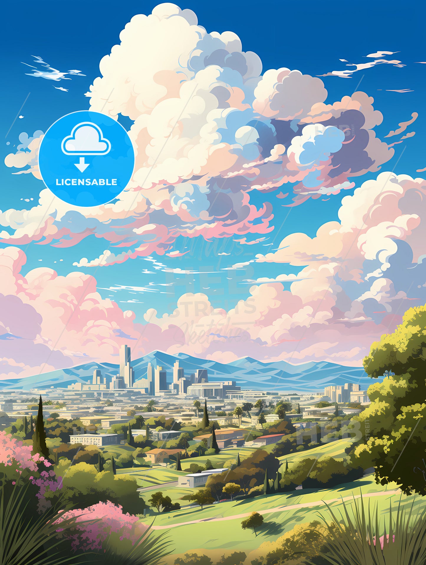 A Landscape Of A City With Trees And Mountains