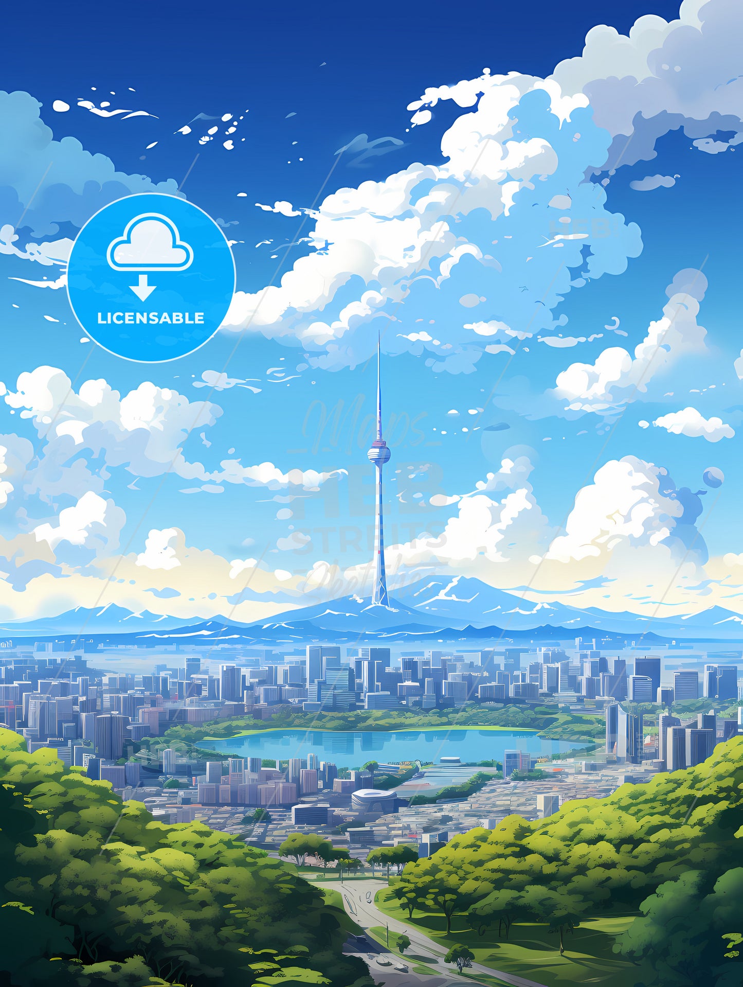 A City Landscape With A Tall Tower And A Lake