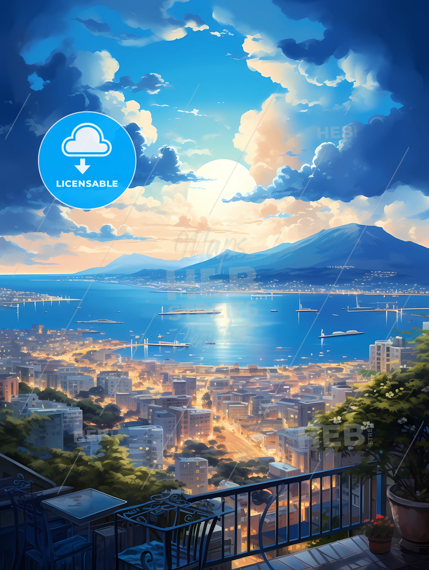 A Cityscape With A Body Of Water And Mountains