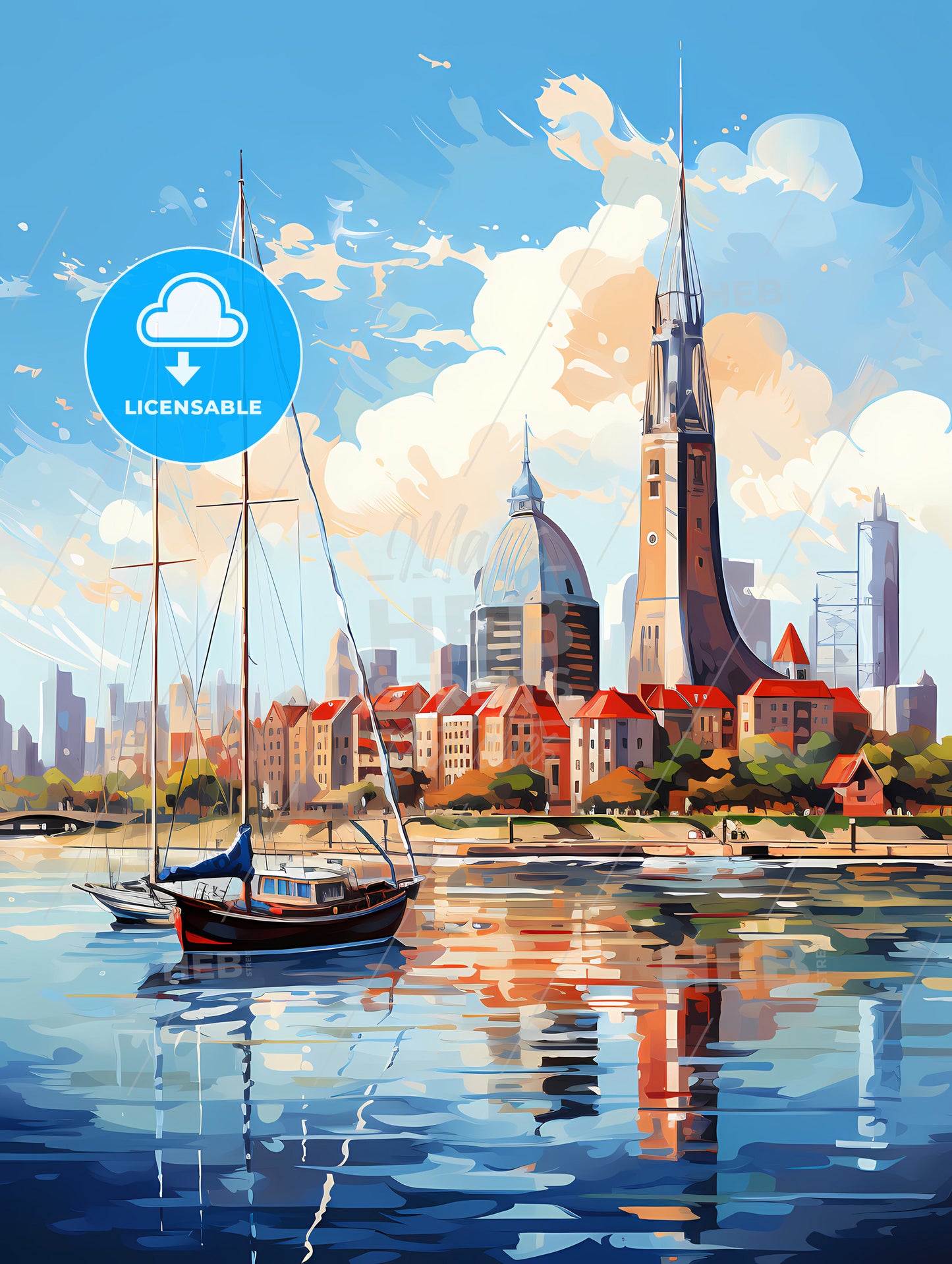 A Sailboat In A Body Of Water With A City In The Background