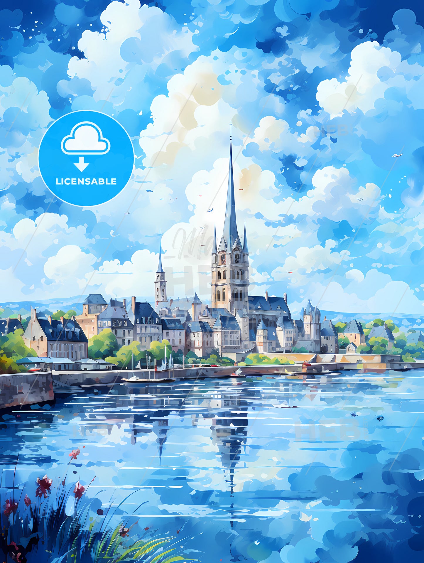 A Watercolor Painting Of A Castle And A Lake