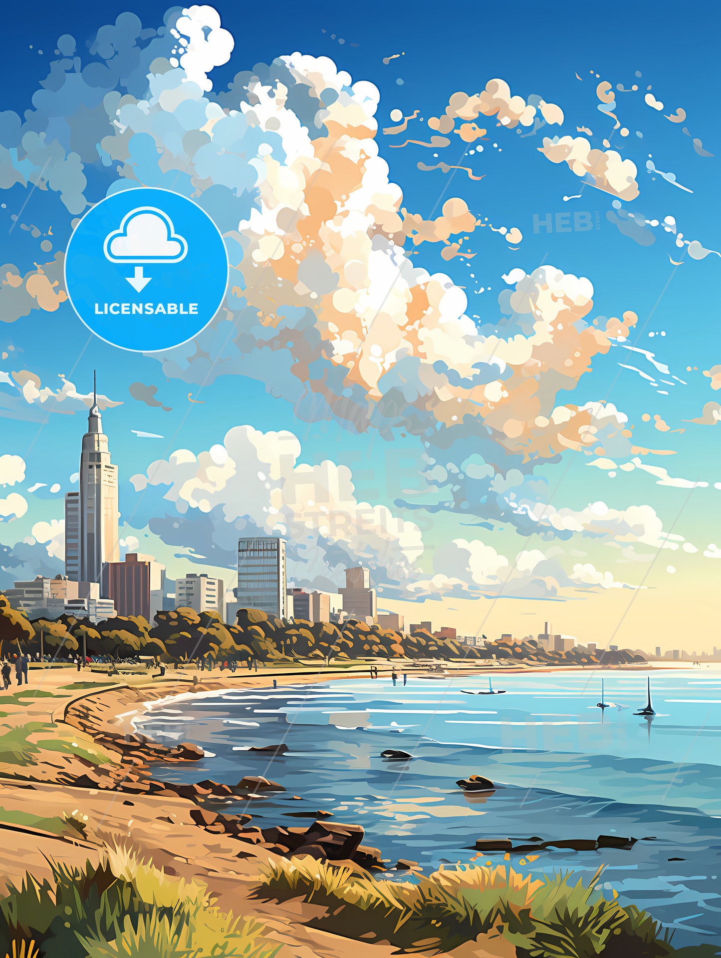 A Beach With A City And Boats In The Water