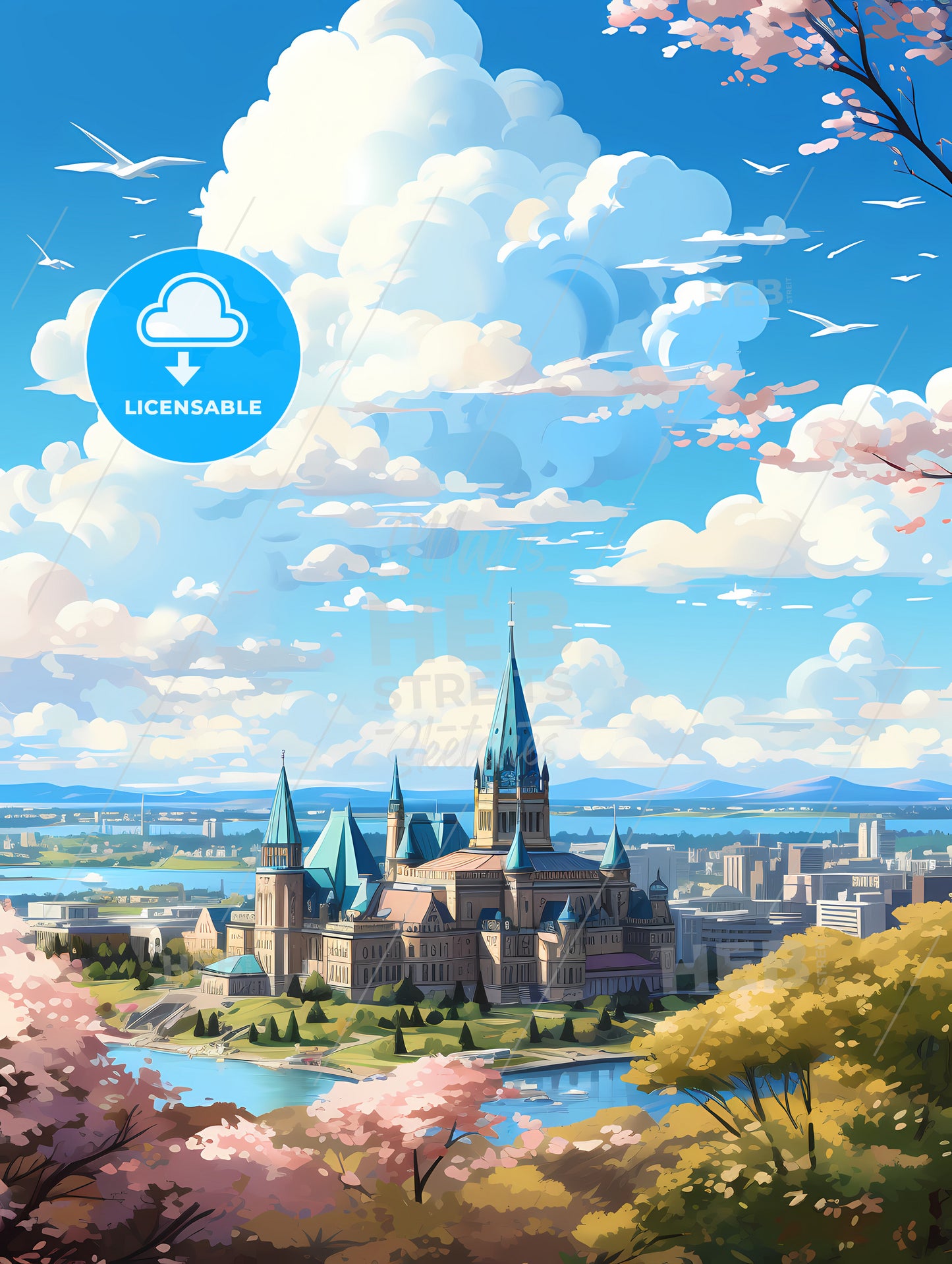 A Castle With A River And Trees In The Background