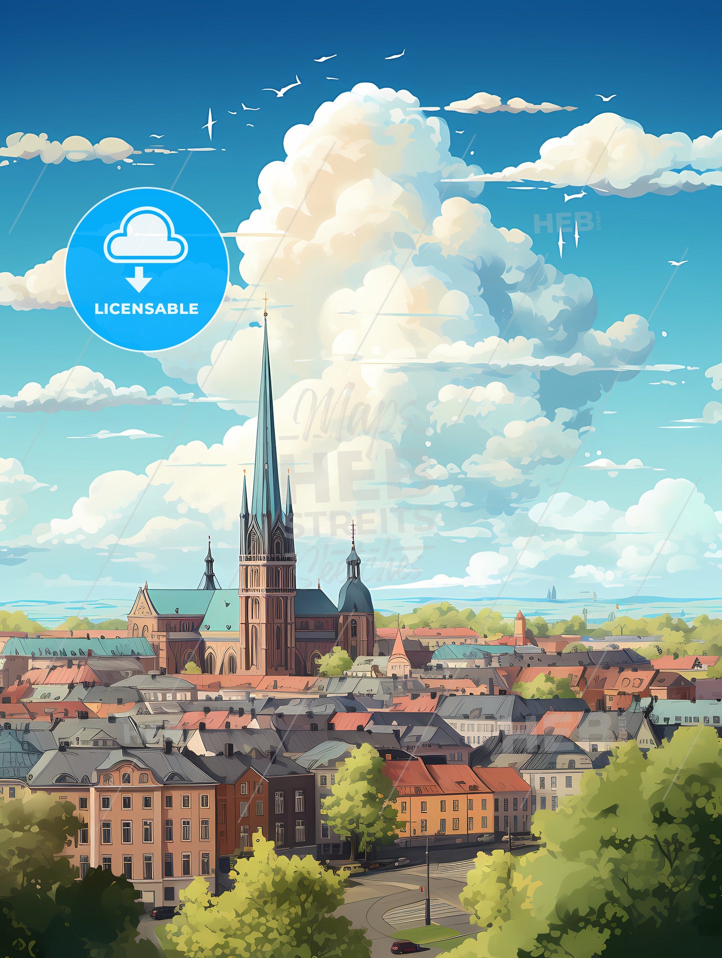 A City With A Tall Spire And A Church