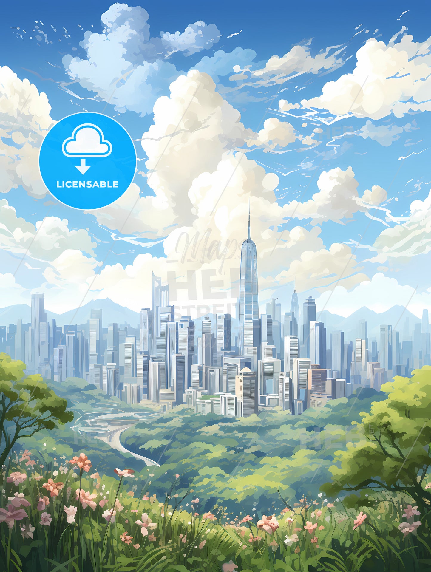 A City Landscape With Trees And Flowers