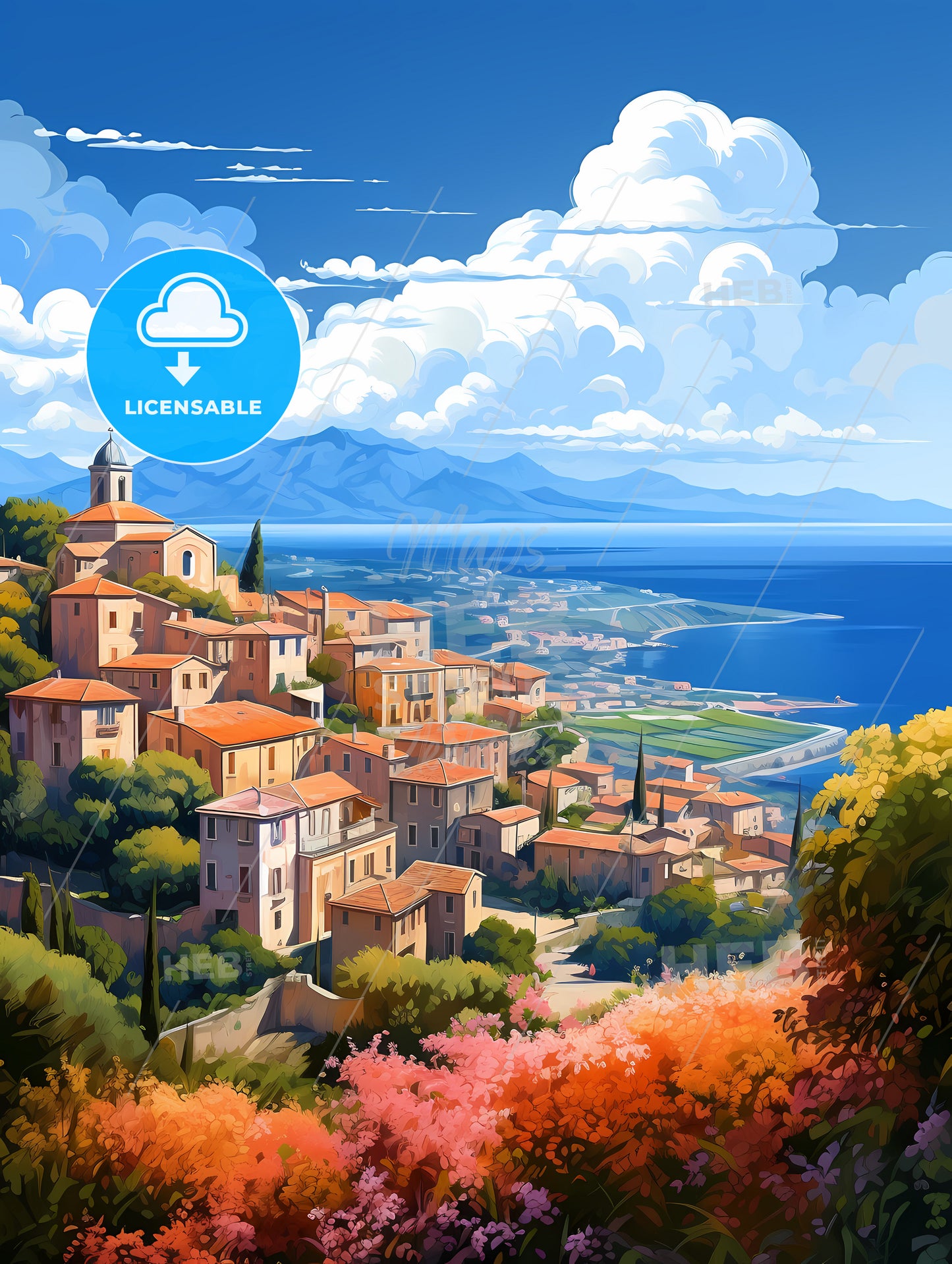 A Landscape Of A Town By The Water