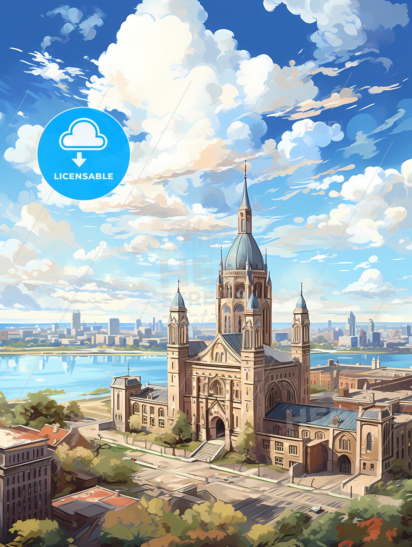 A Large Building With A Tower And A Body Of Water