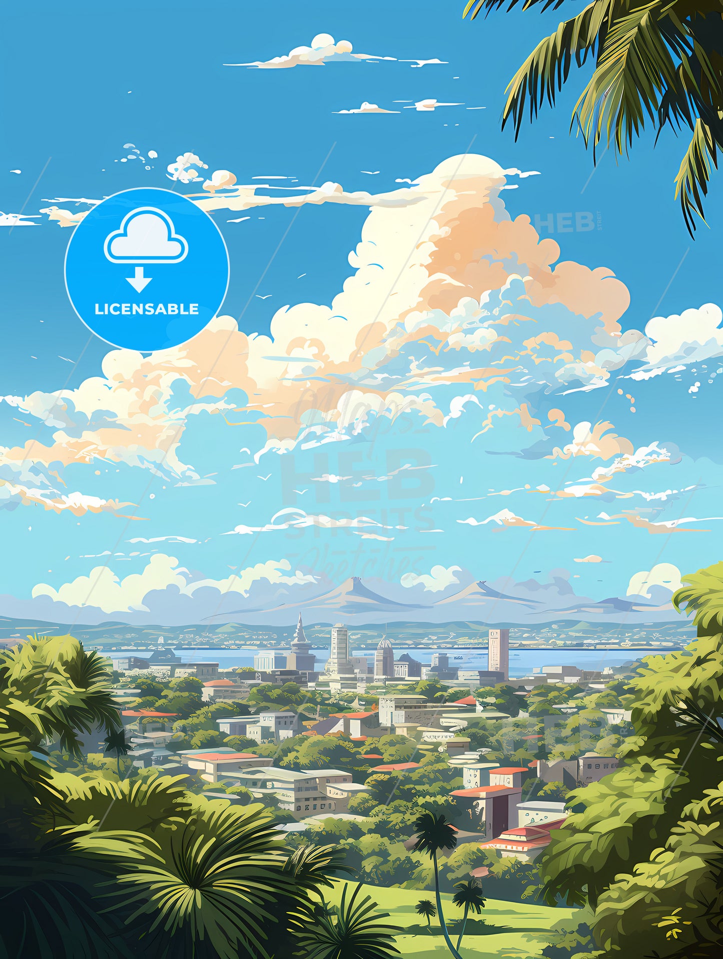 A Landscape Of A City With Trees And A Mountain In The Background