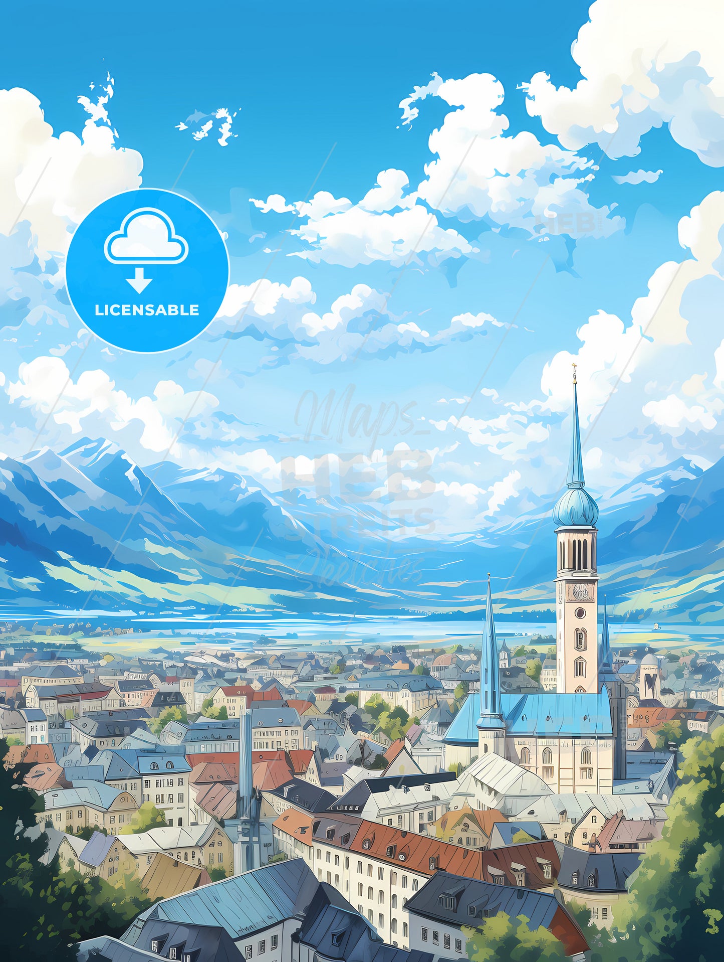 A City With A Steeple And Mountains In The Background