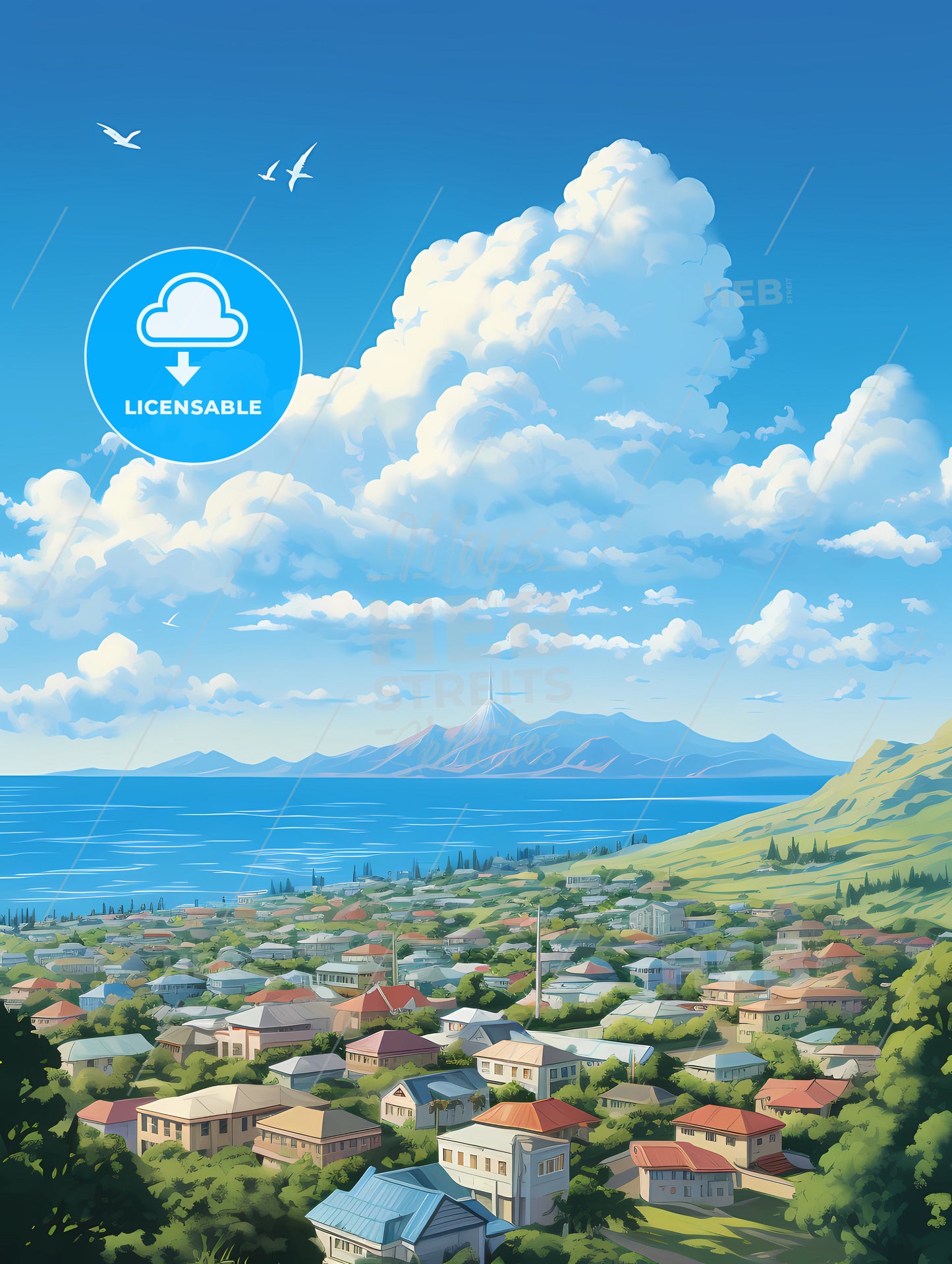 A Landscape Of A Town By The Water