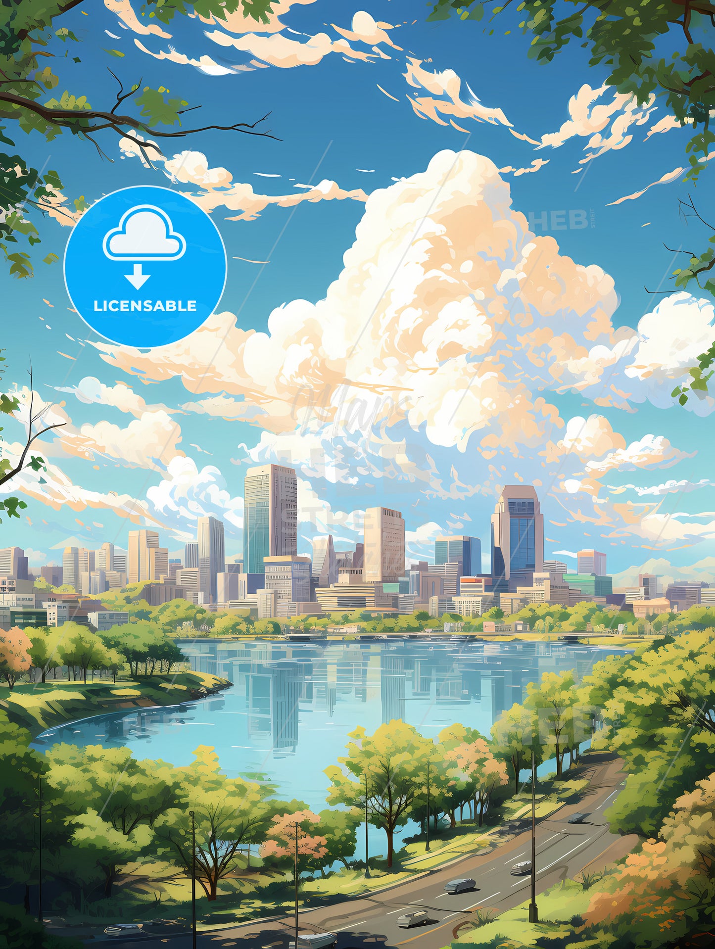 A Cityscape With A River And Trees