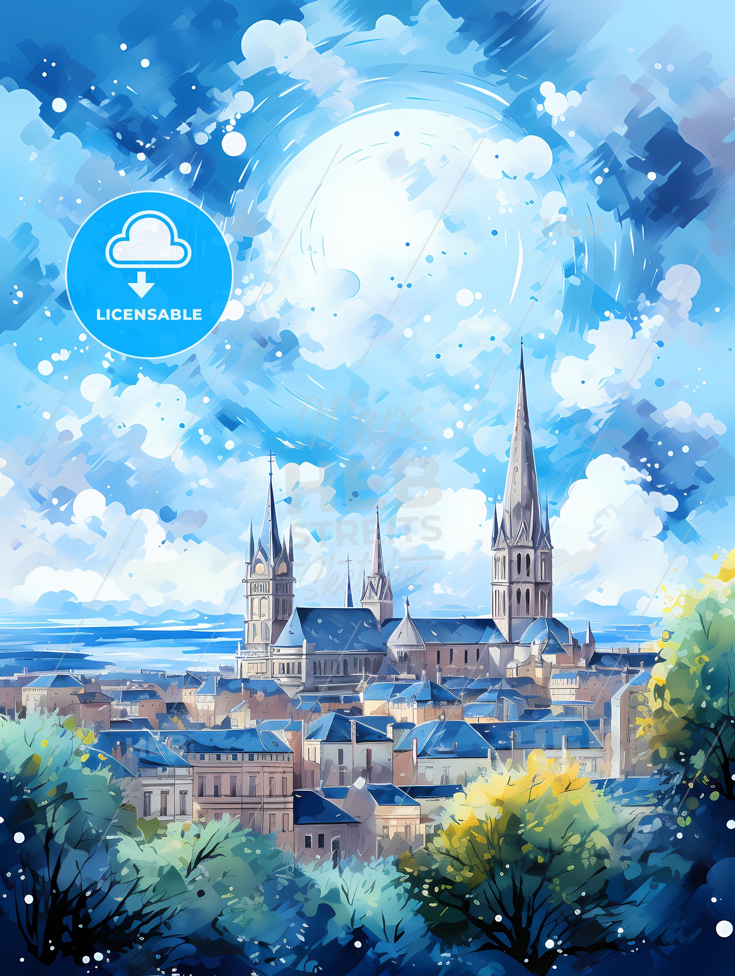 A Painting Of A City With A Spire