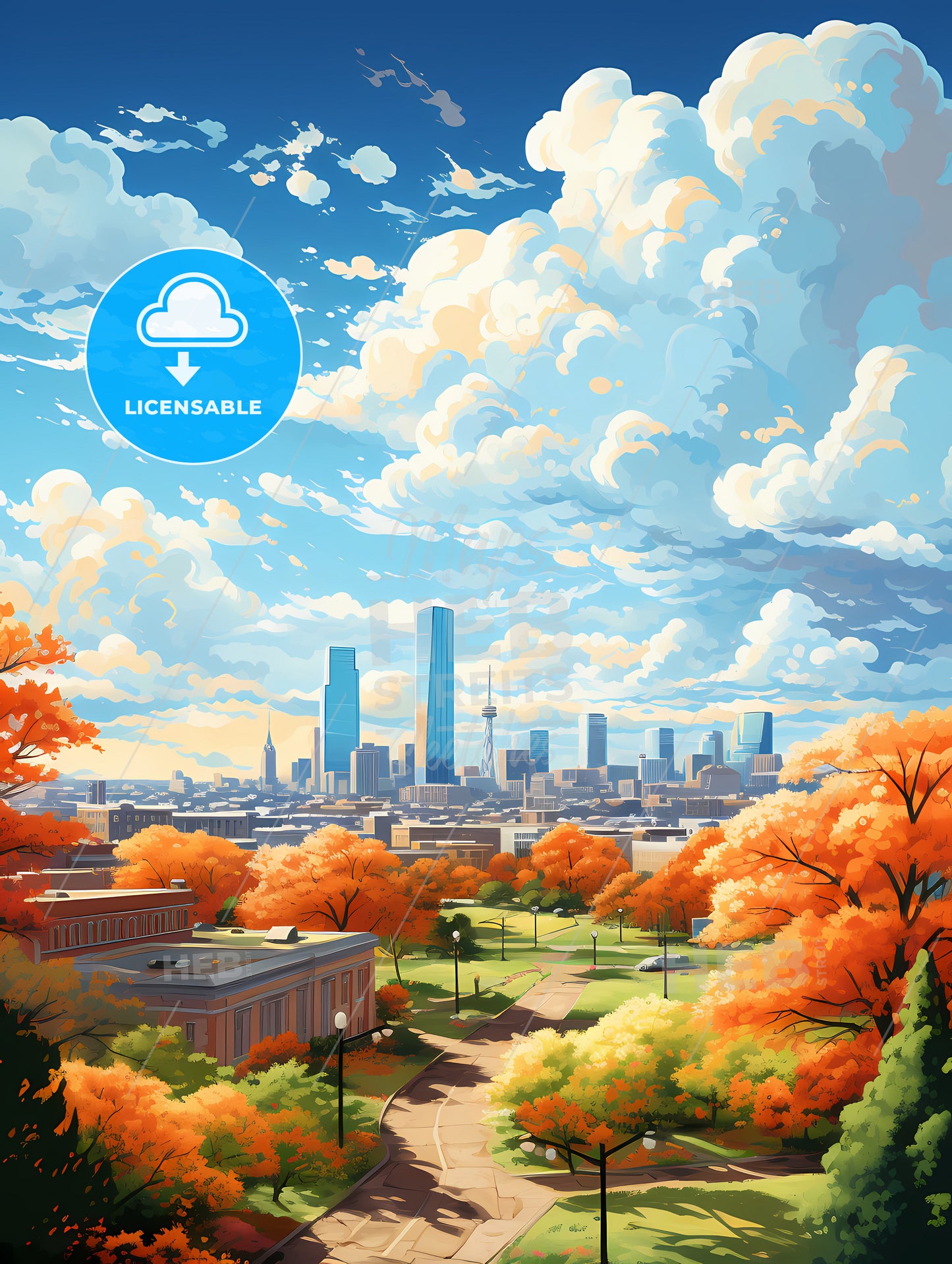 A City Landscape With Orange Trees And Buildings