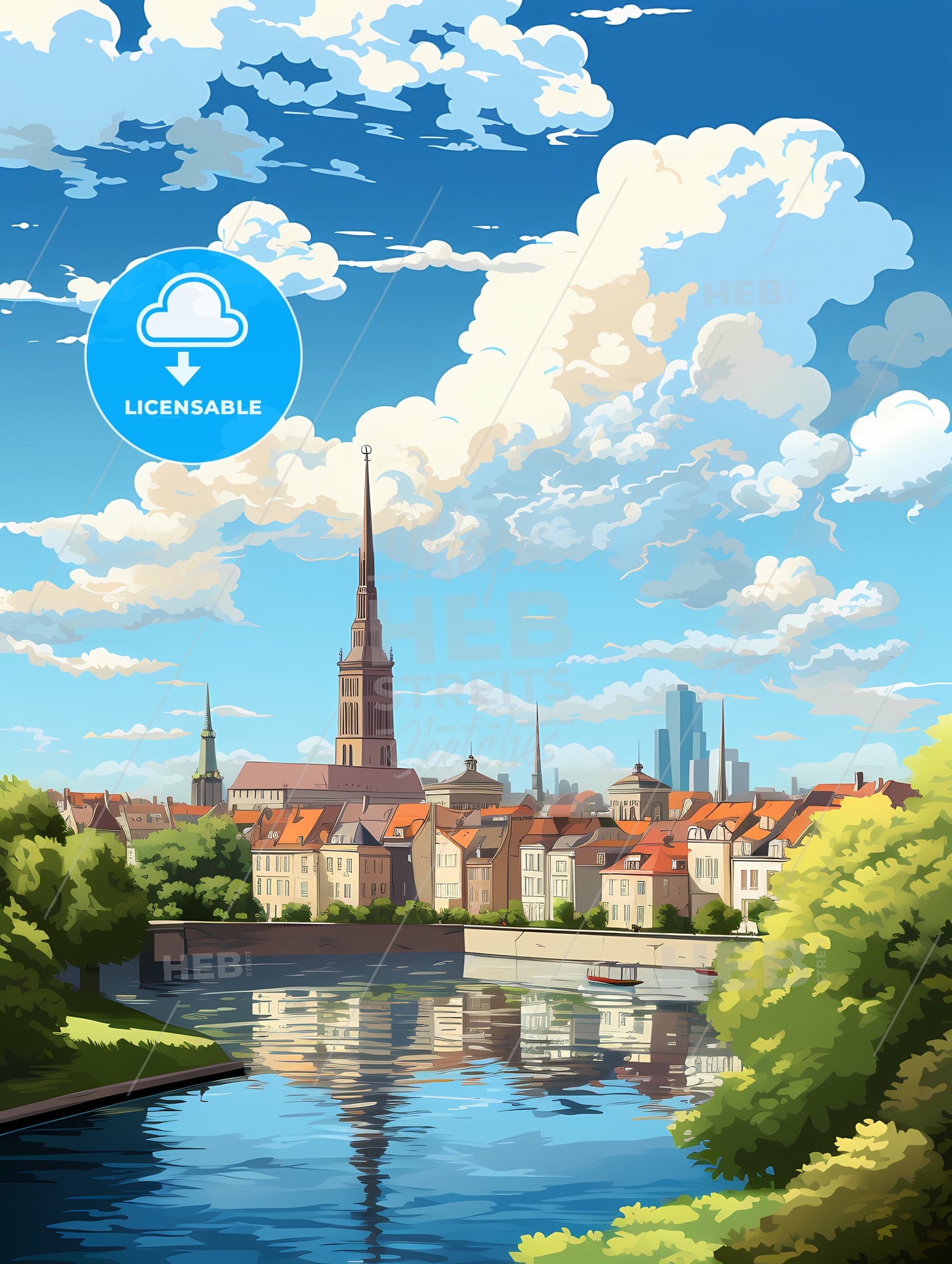 A River With Trees And Buildings In The Background