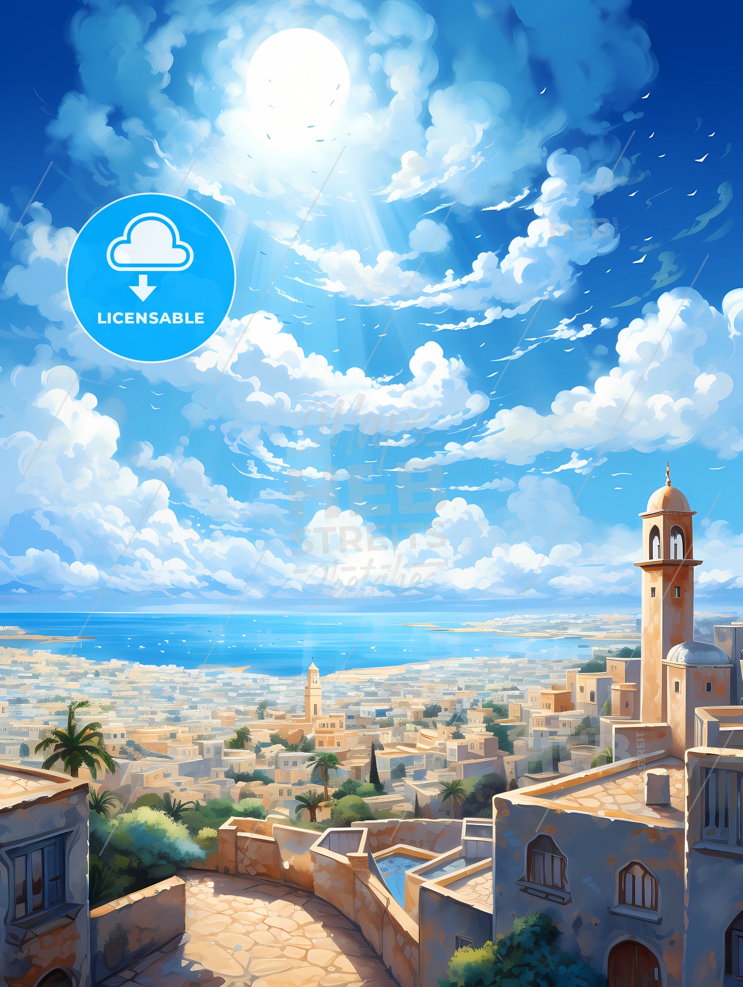 A City With A Tower And A Body Of Water