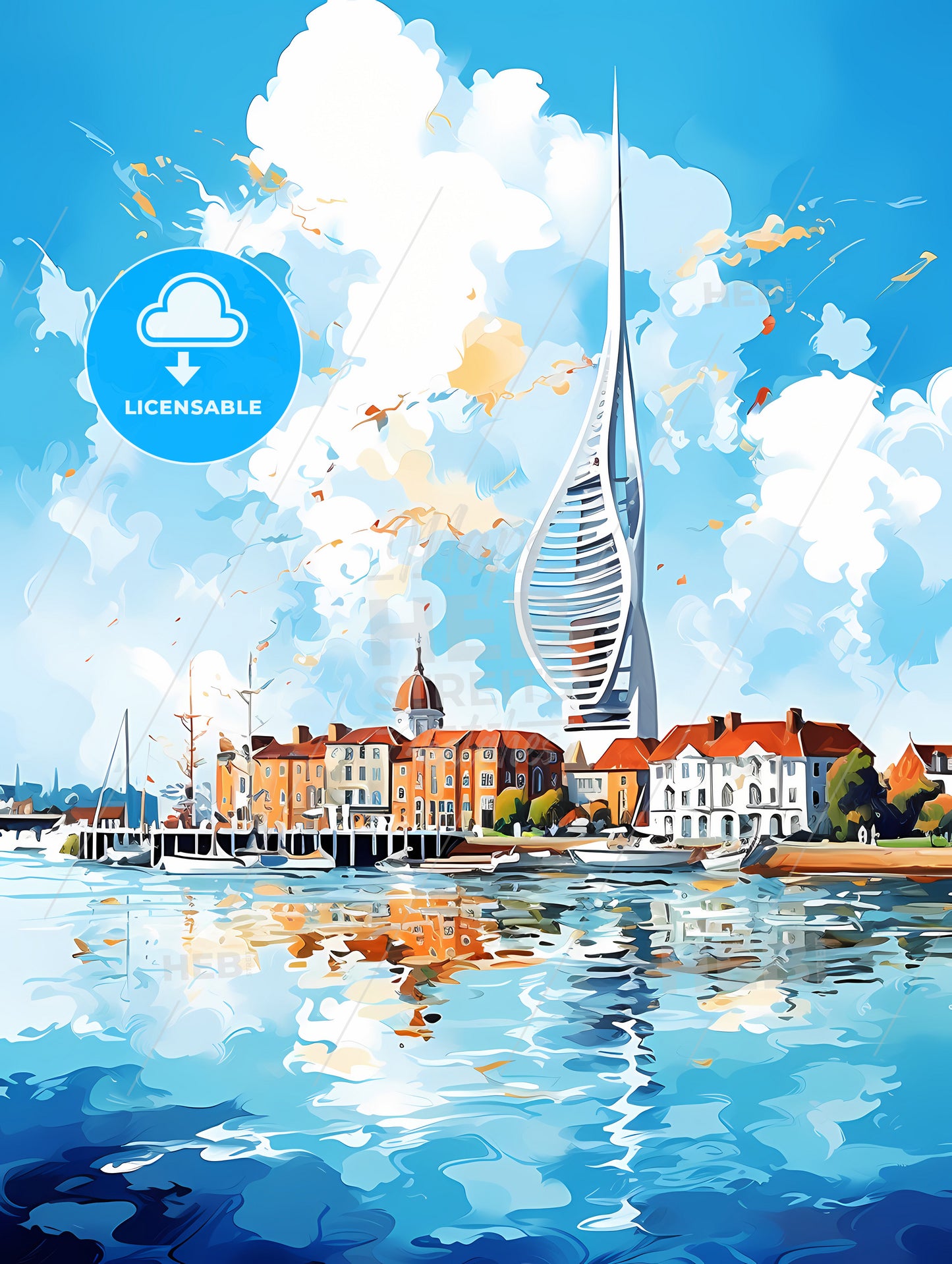 A Watercolor Of A City And A Tall Tower