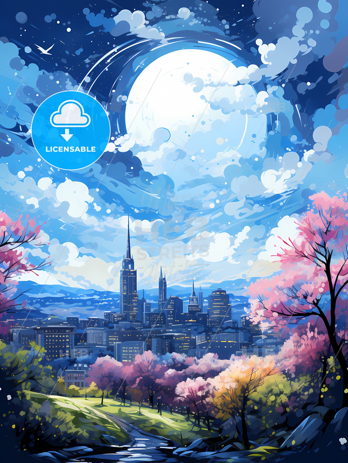 A Cityscape With Trees And A Moon