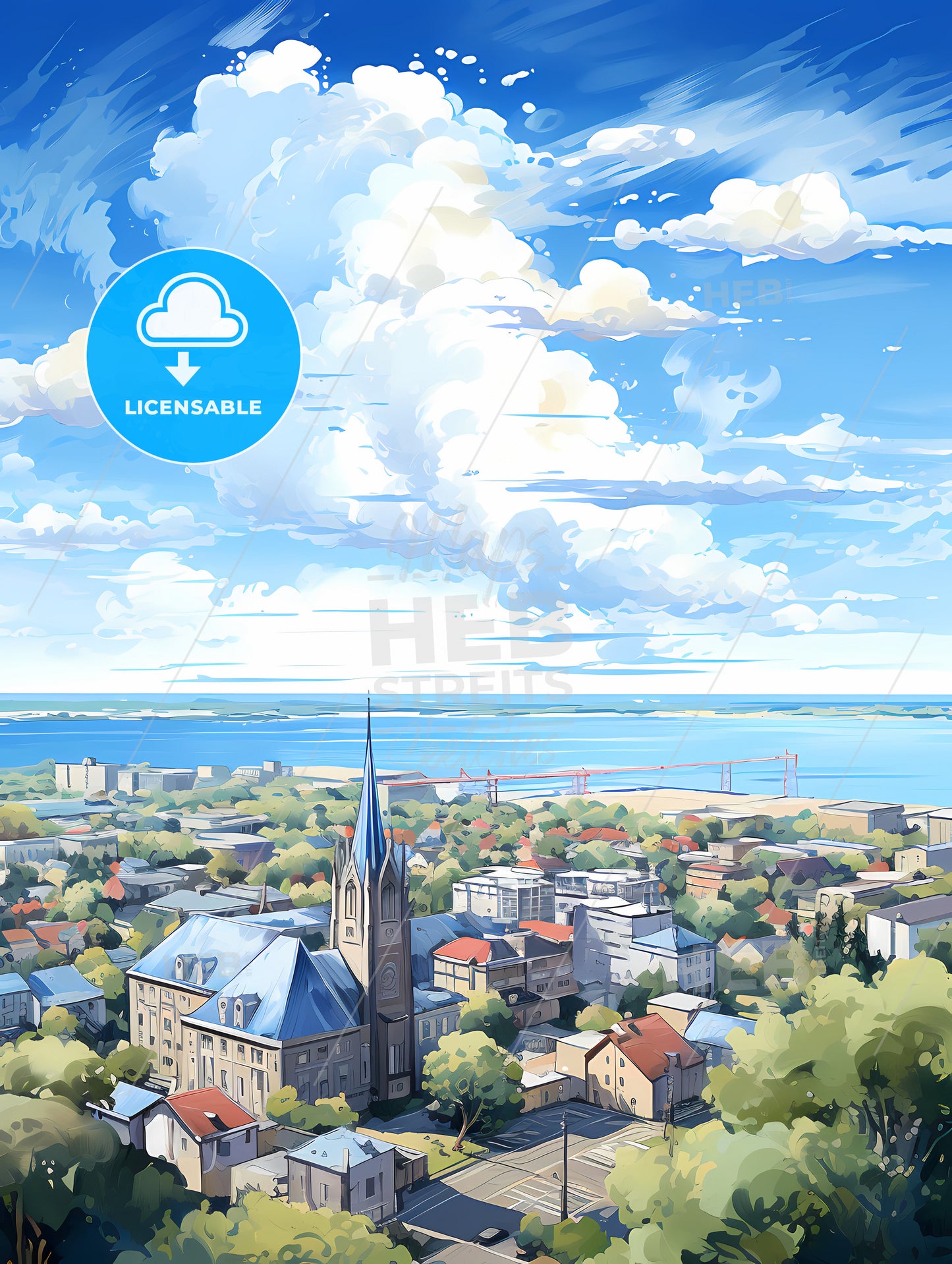 A City With A Church And Trees And Water