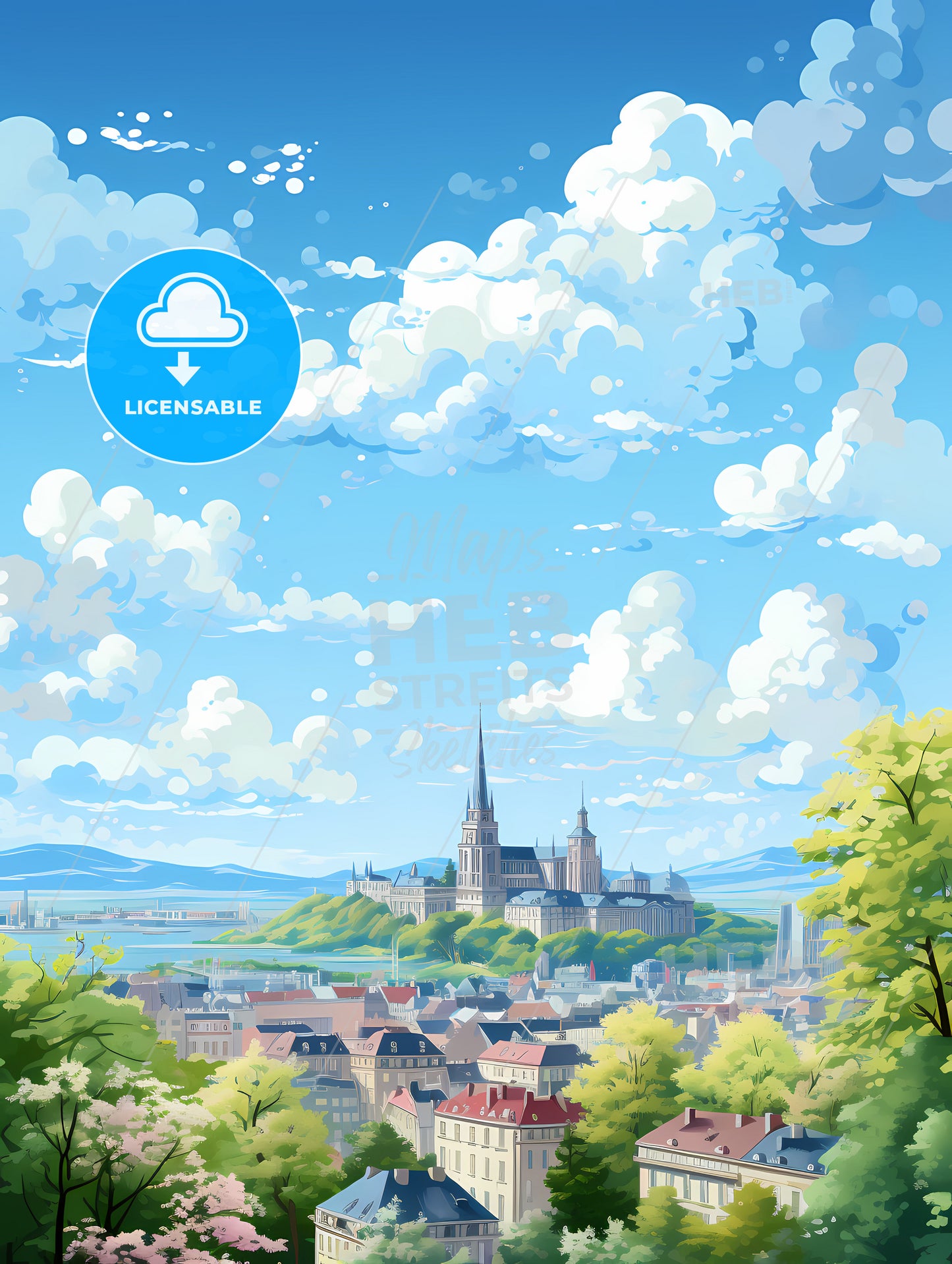 A City Landscape With A Castle And Trees