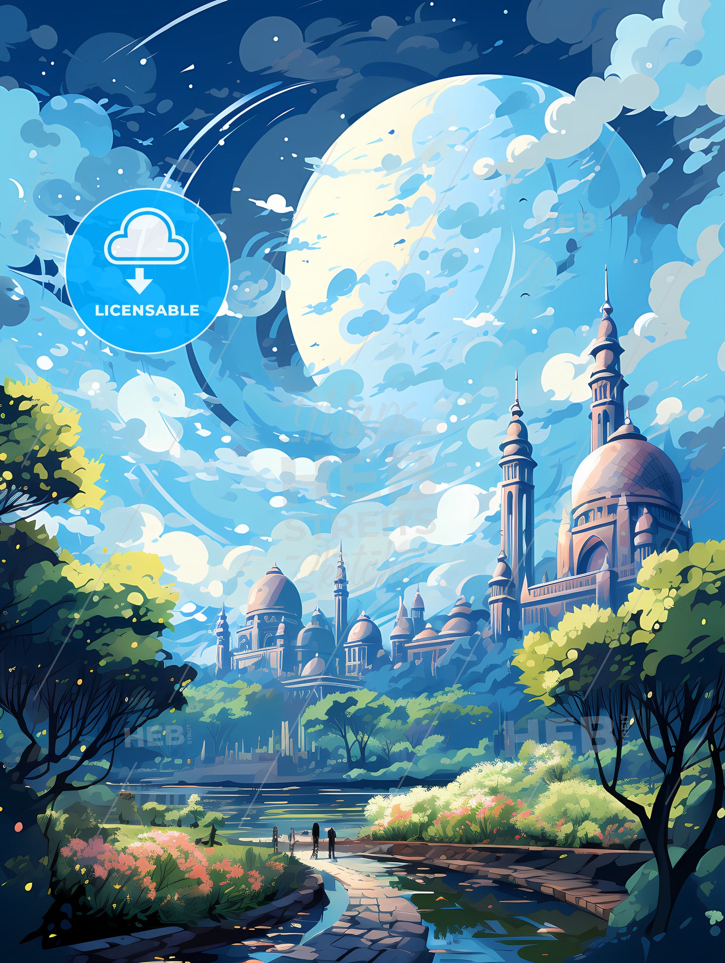 A Large Building With Towers And Towers And Trees