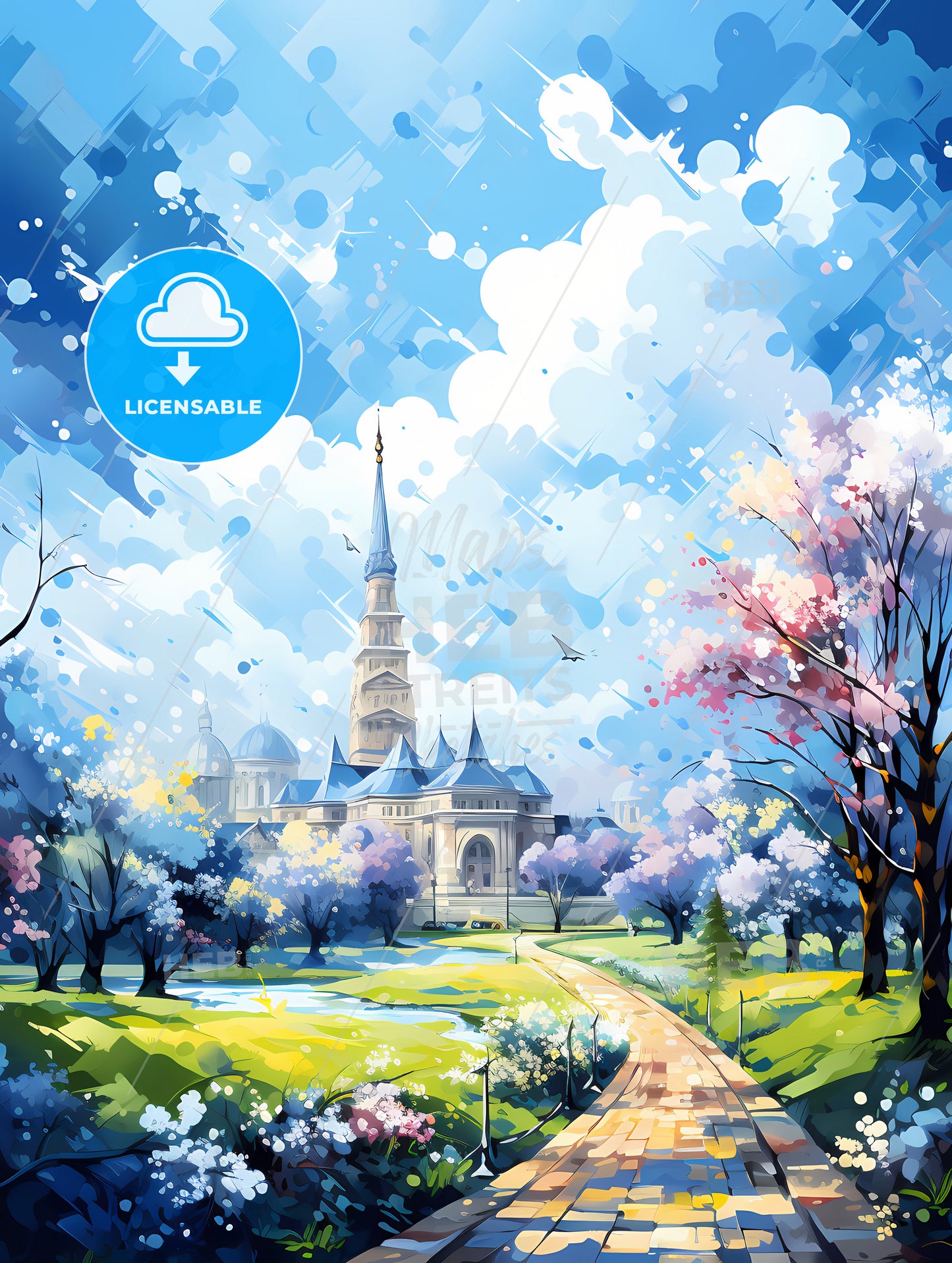 A Painting Of A Castle With Trees And A Path