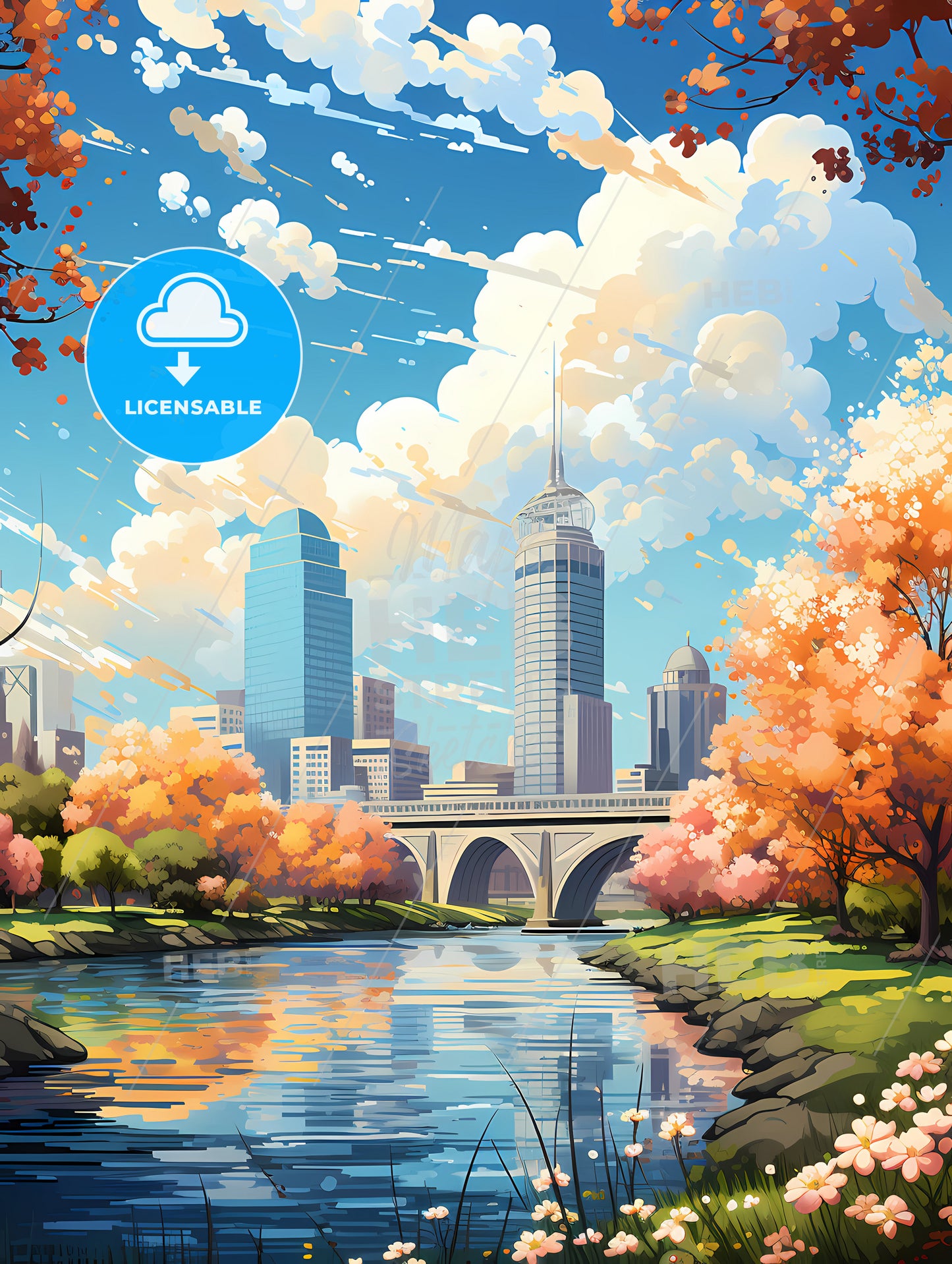 A River With A Bridge And Trees And A City In The Background