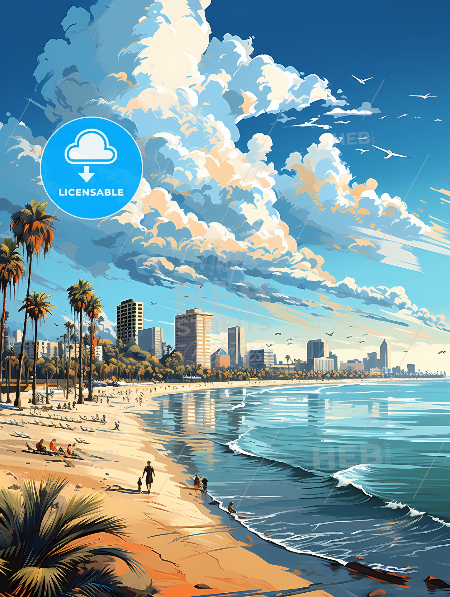 A Beach With Palm Trees And A City In The Background