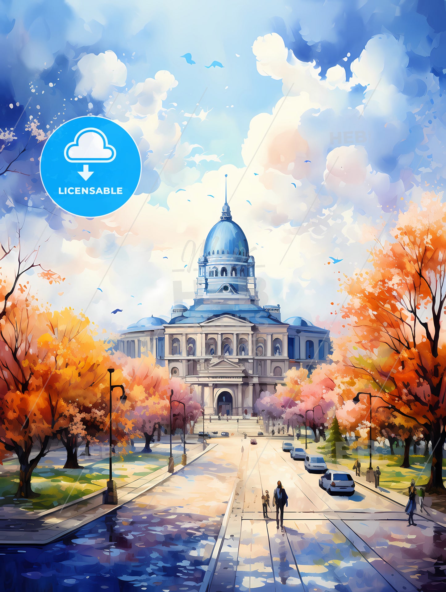 A Painting Of A Building With Trees And Cars