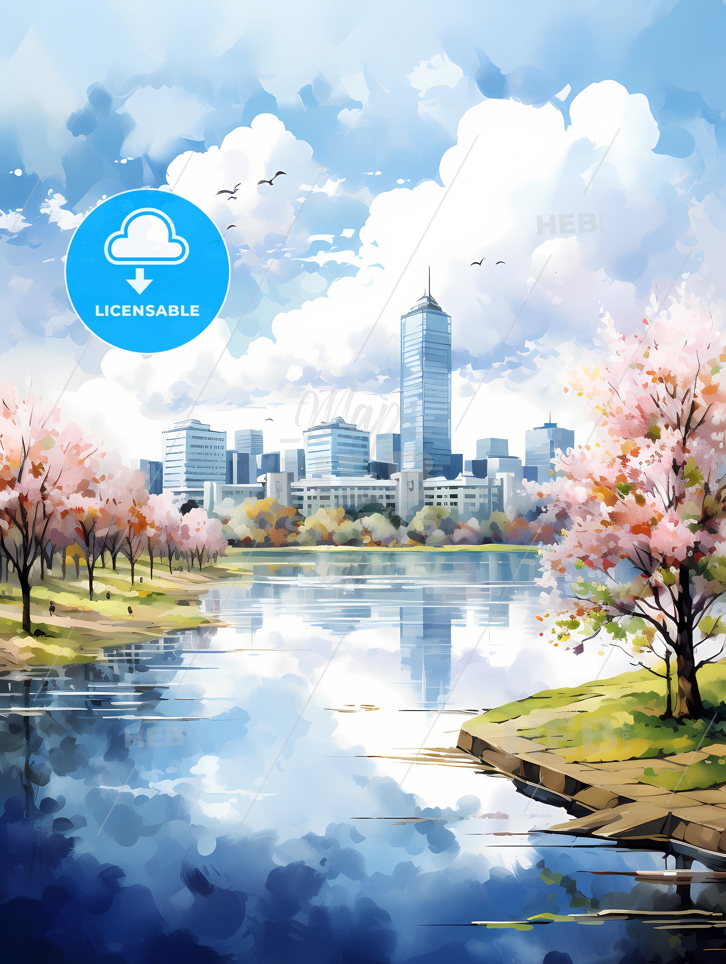 A Watercolor Of A City With Trees And A River