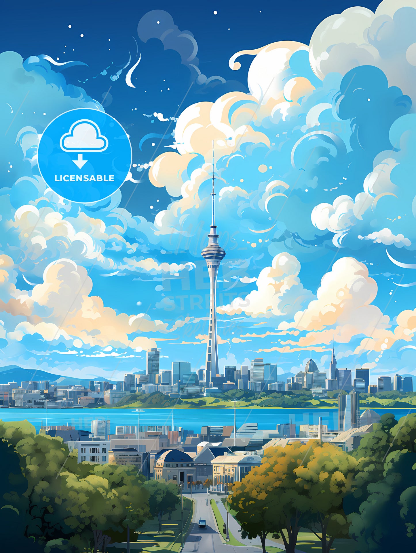 A City Landscape With A Tall Tower And A Body Of Water