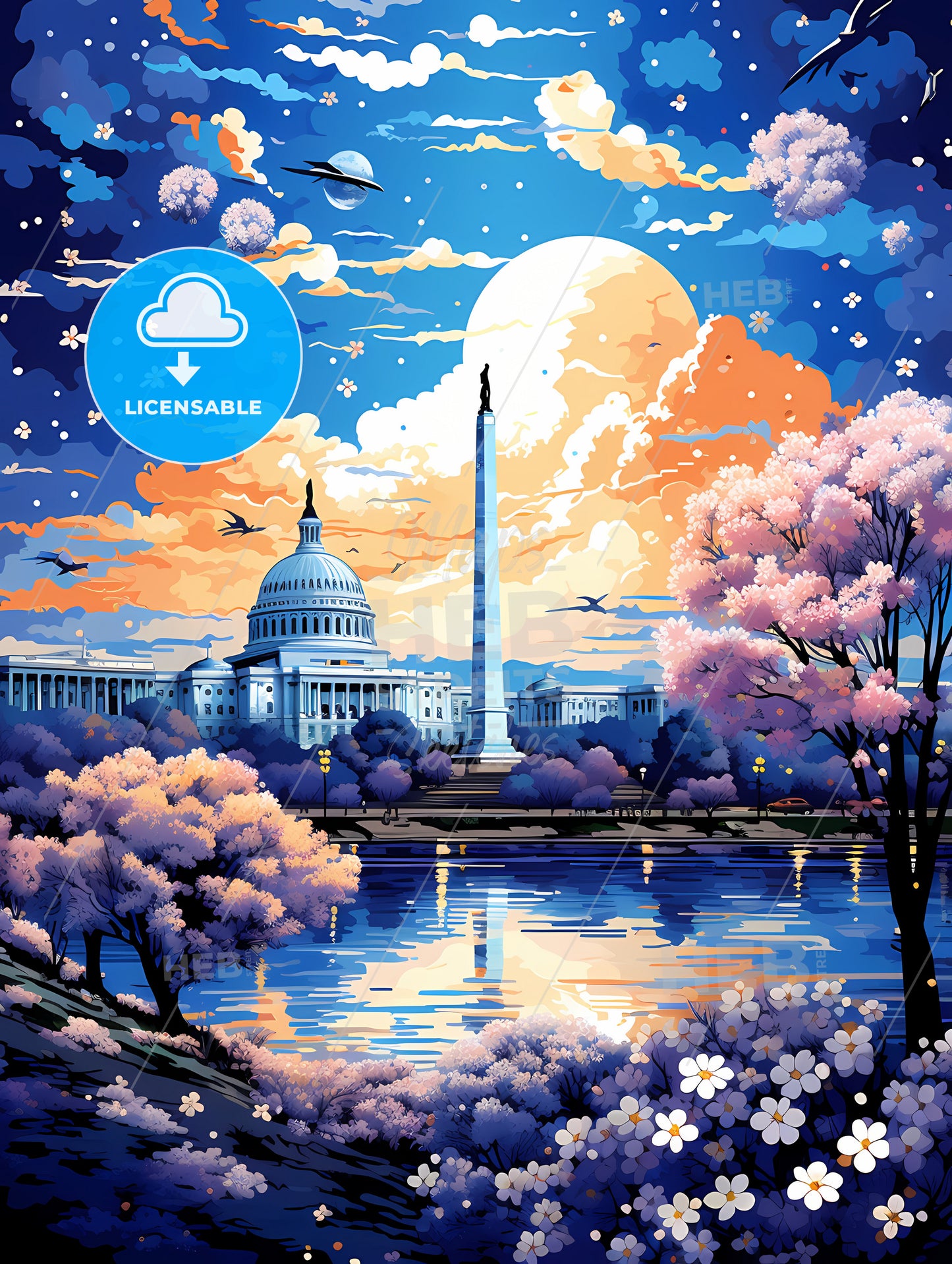 A Painting Of A Building With A Monument And A Body Of Water