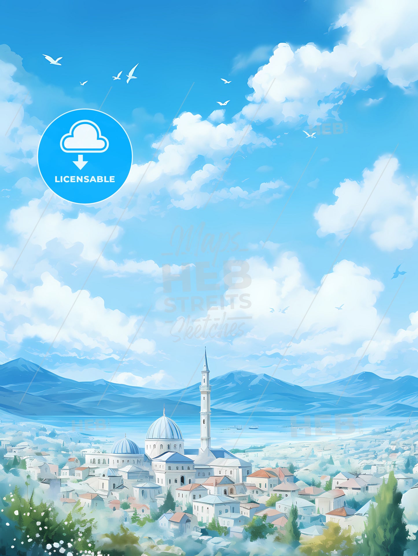 A City With A Tower And Mountains In The Background