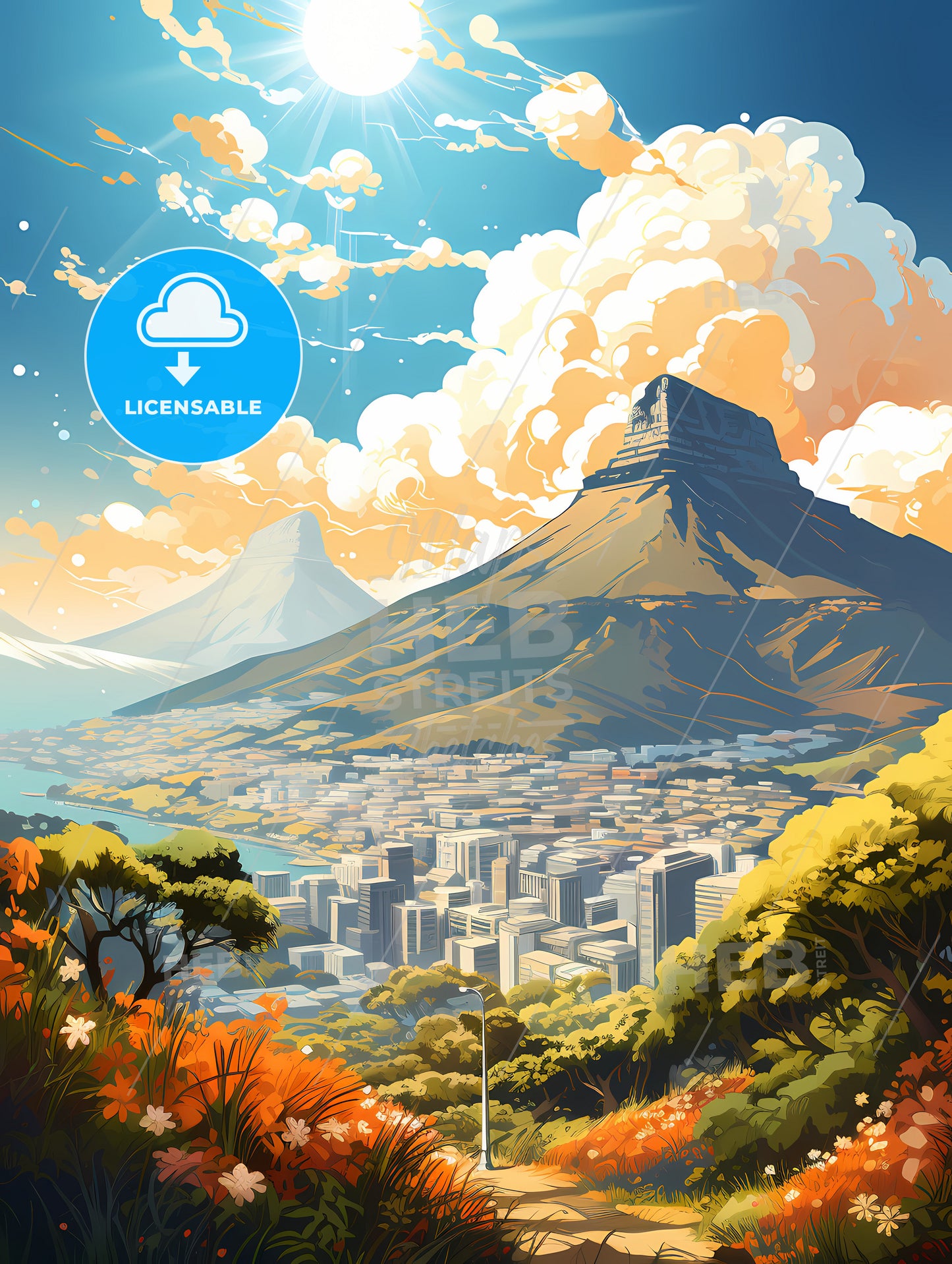 A Landscape Of A City And Mountains