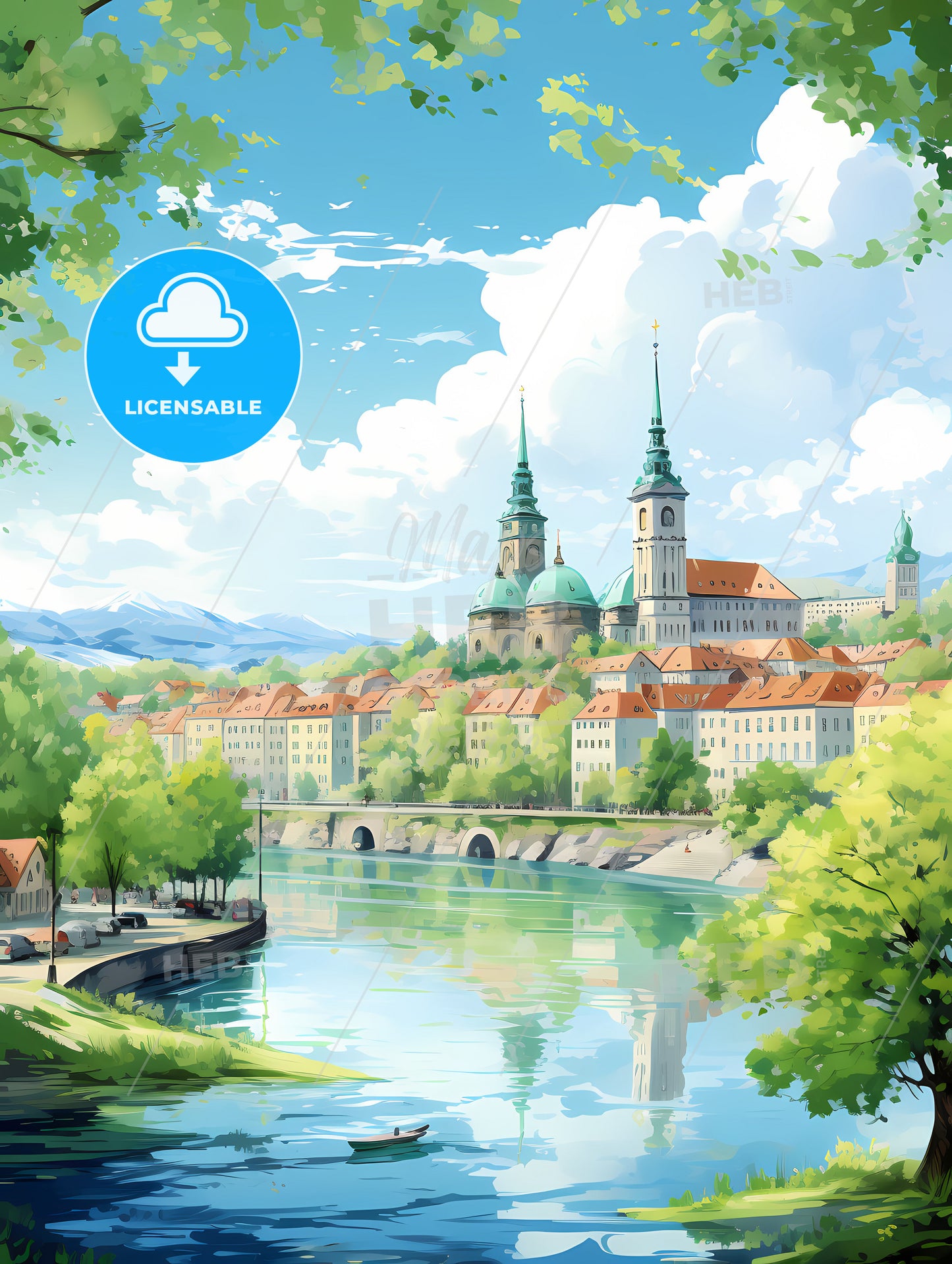 A River With Trees And Buildings In The Background