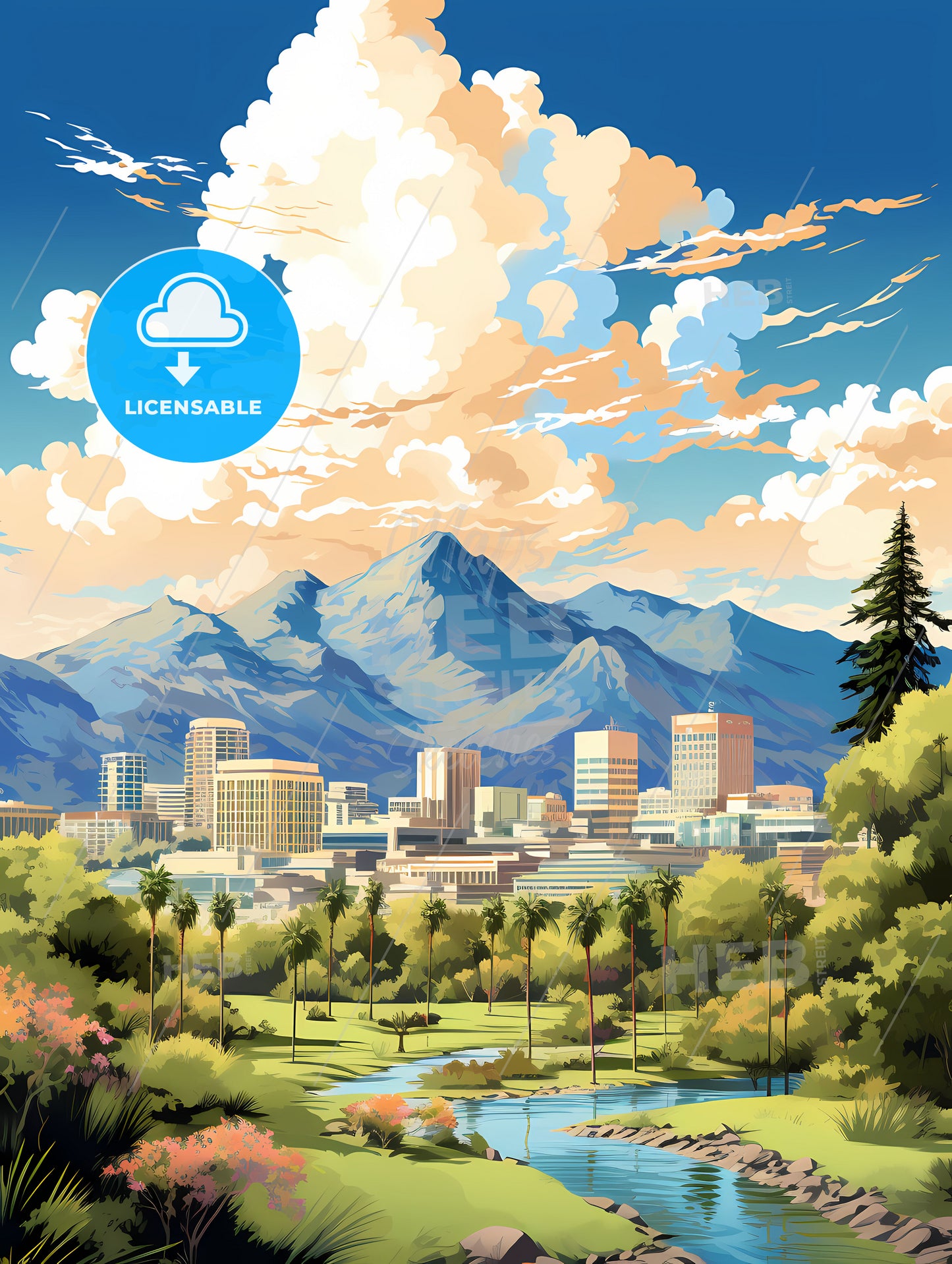 A Landscape Of A City With Trees And Mountains In The Background