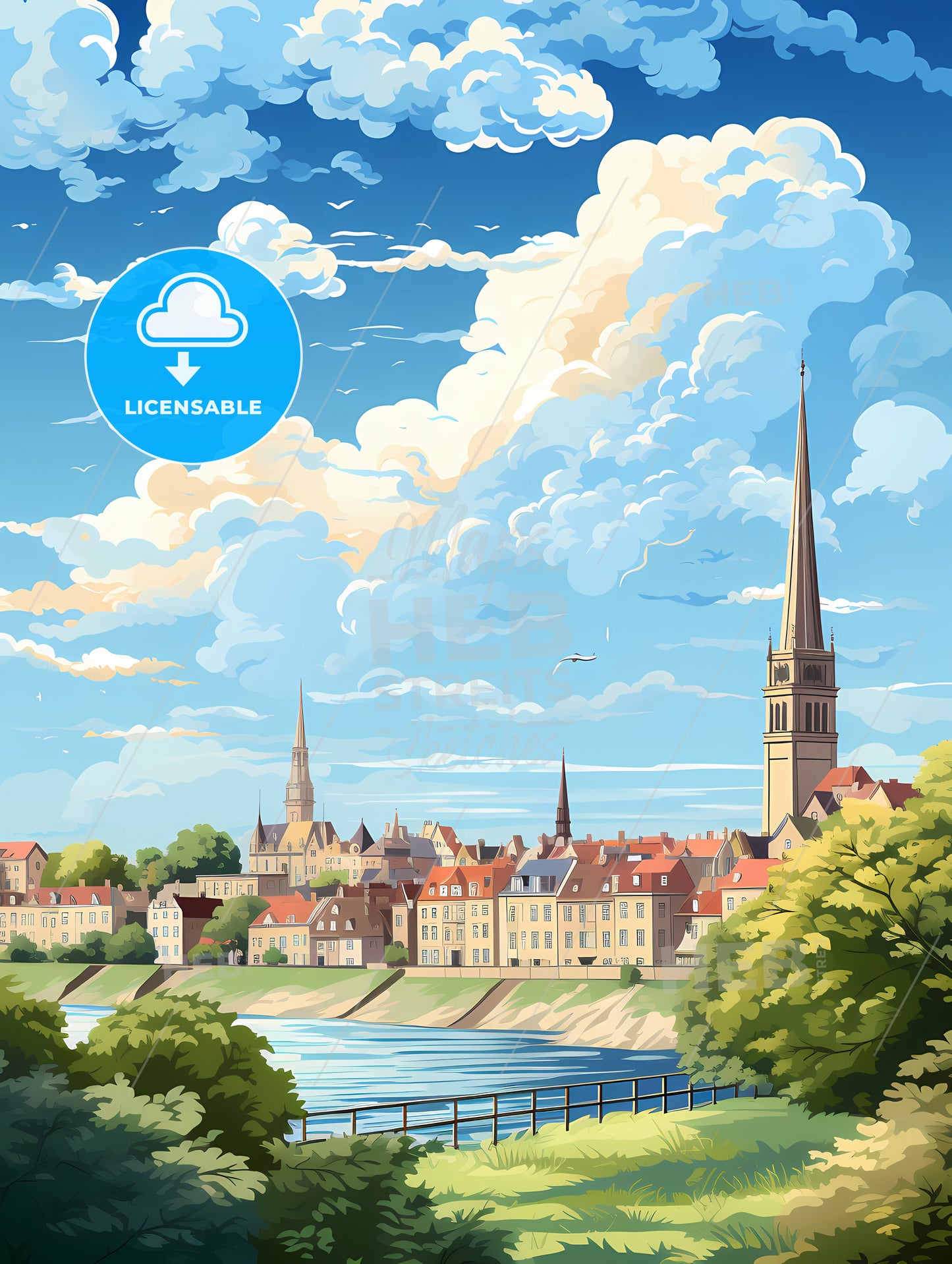 A Landscape Of A City With A River And Trees